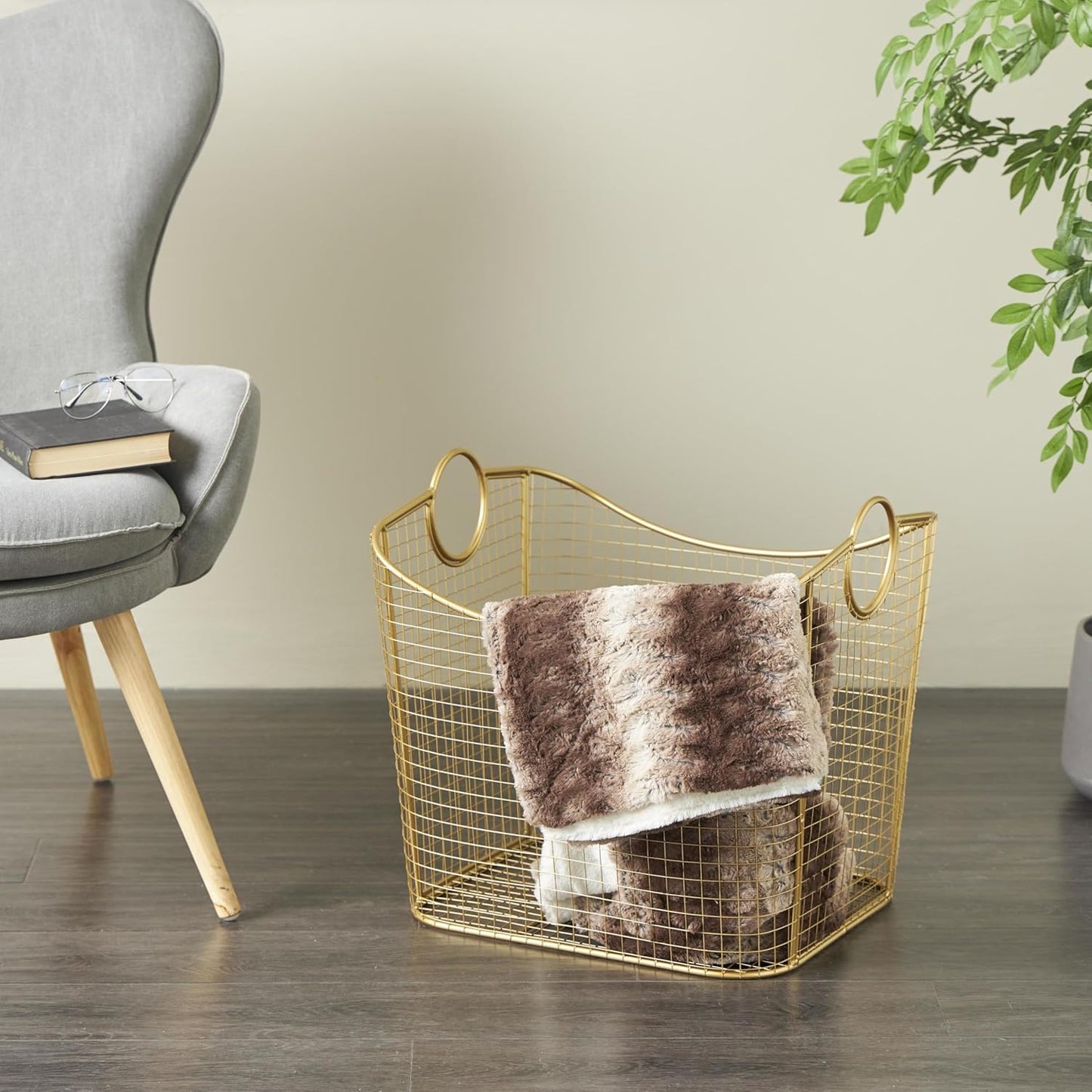 Deco 79 Metal Decorative and Functional Storage Basket Deep Basket Organizer with Round Handles, Basket for Storage 20" x 18" x 19", Gold