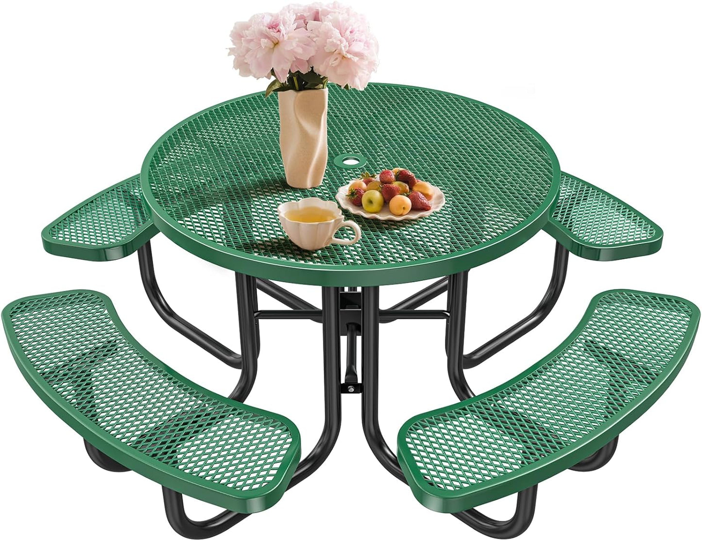 Heavy-Duty Park Bench or Table for Outside - Black Coated Outdoor Furniture Steel Bench, Commercial-Grade Outdoor Benches Weatherproof for Park, Patio, Porch (Green, 46” (Rd. Table))