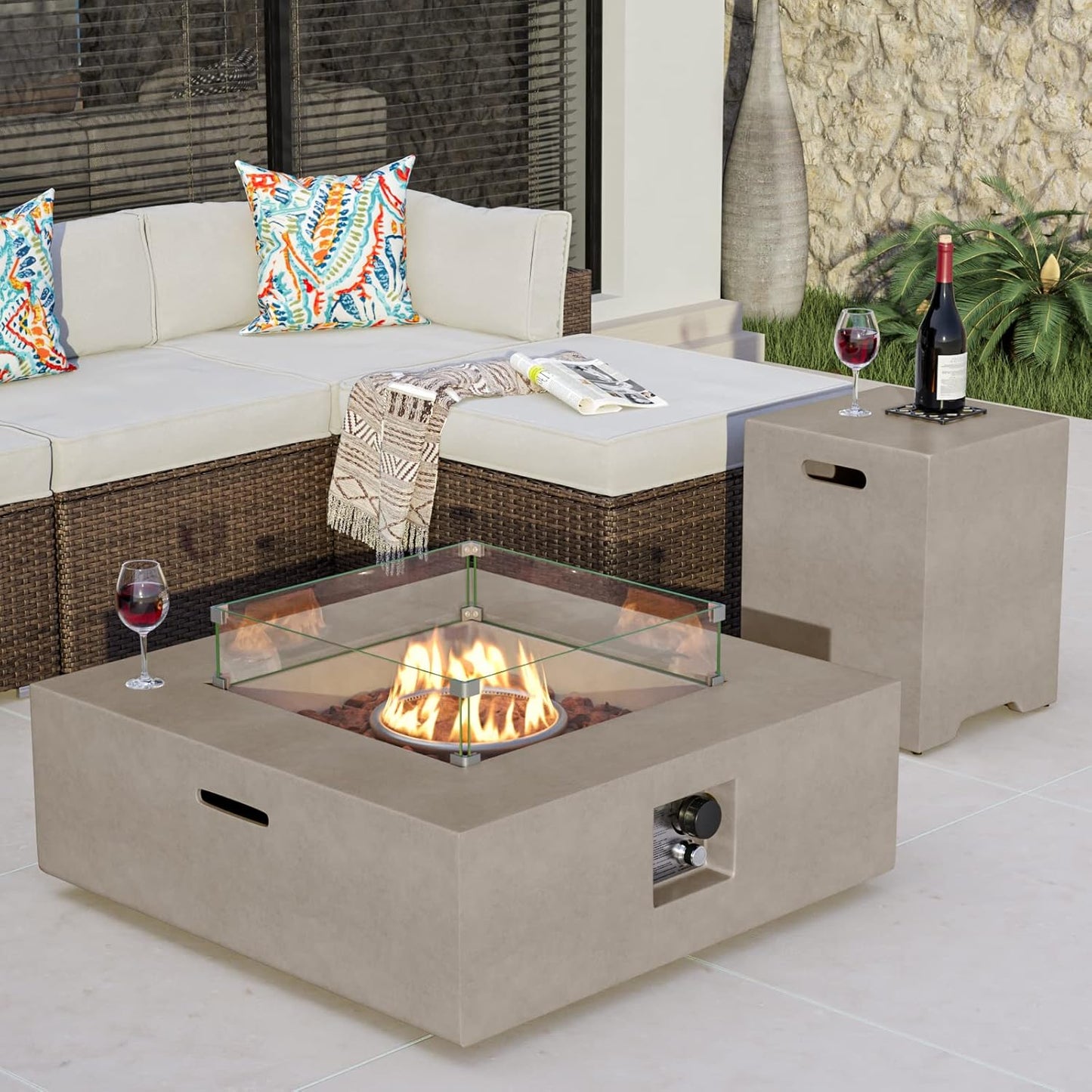 COSIEST 35-inch Square Outdoor Sandstone Propane Fire Pit w Wind Guard and Side Table, CSA Certified, 50,000 BTU Stainless Steel Burner, Free Lava Rocks and Rain Cover, Metal Lid(Gray)