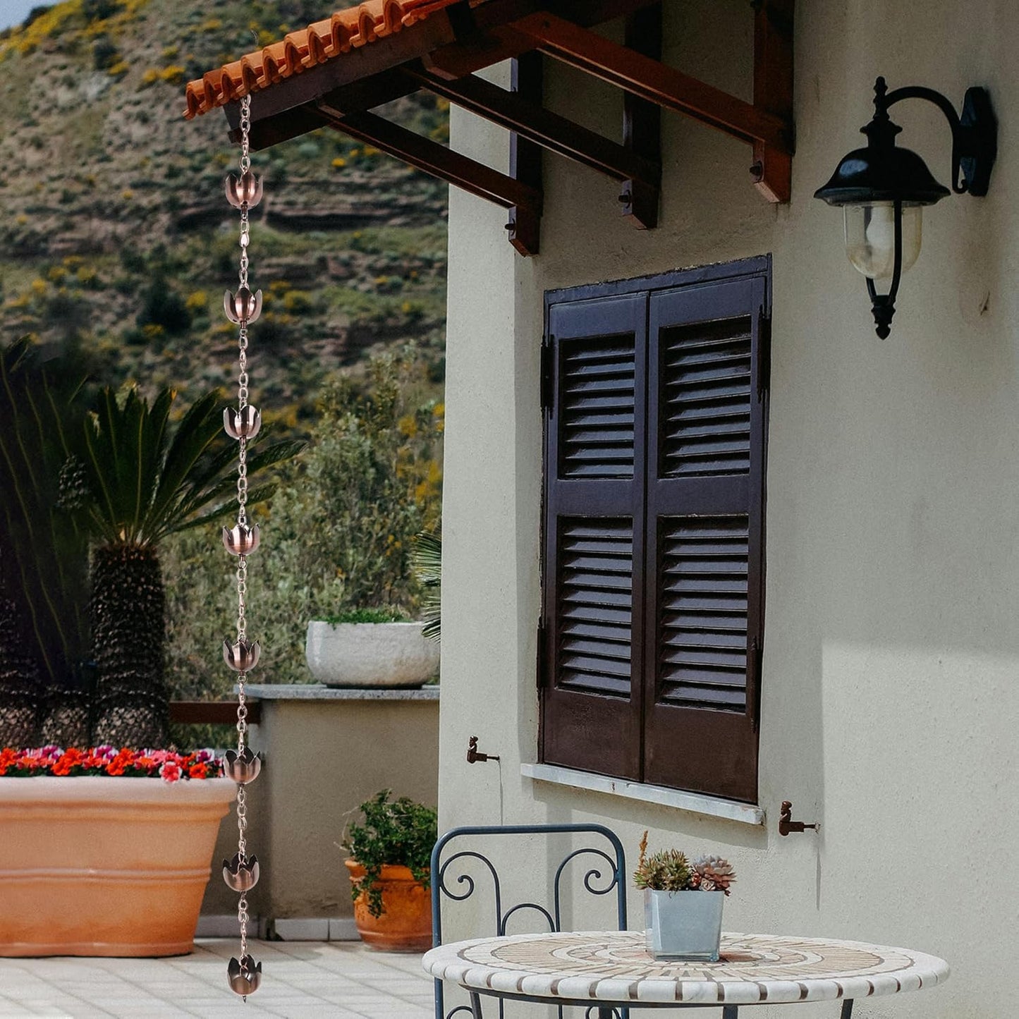 DUSVALLY Rain Chain, 5.85 FT Lotus Metal Rain Chain, Functional and Decorative Replacement for Gutter Downspouts, Divert Water and Home Display, Adjustable, Antique Brown