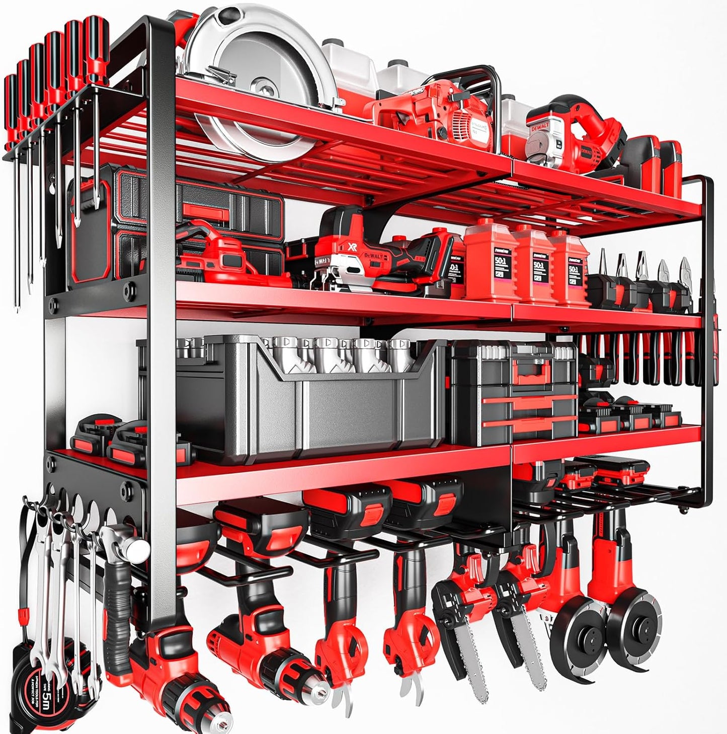 Upgrade Large power tool organizer Wall Mount,4 Layers Heavy Duty Metal Loads 400lbs Power Tool Hanger Shelf Battery Storage with 8 Cordless Drill Bit Holder,Utility Racks for Garage Tool Room