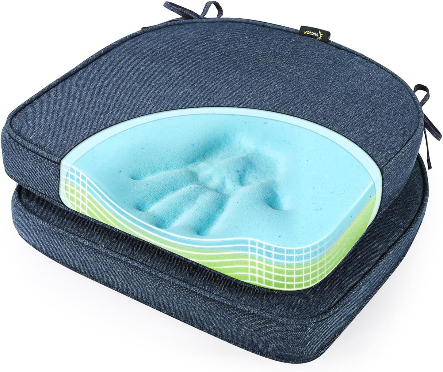 SUNROX Gel Memory Foam Chair Cushions, FadeShield Water-, Stain-Resistant Durable Reversible Seat Cushion Pads with Ties for Indoor/Outdoor Kitchen Dining Office, 19"x19", Set of 2, Heather Indigo
