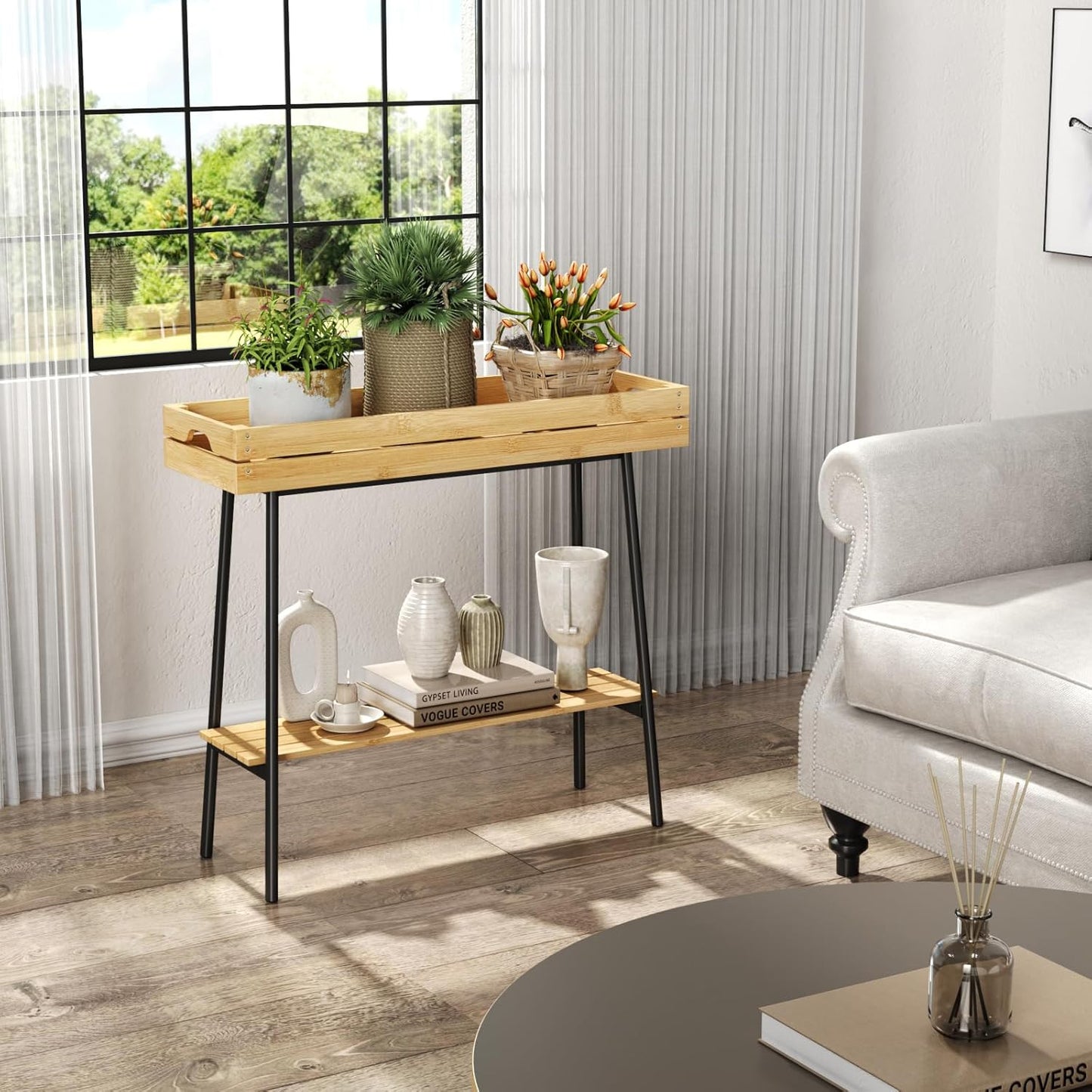 BAMBANG Bamboo Plant Stand Indoor, 2 Tier Wood Small Plant Table, Tall Plant Stand for Indoor Plants, Window Sill Plant Shelf, Flower Pot Holder Plant Bench Plant Rack for Living Room Balcony Outdoor