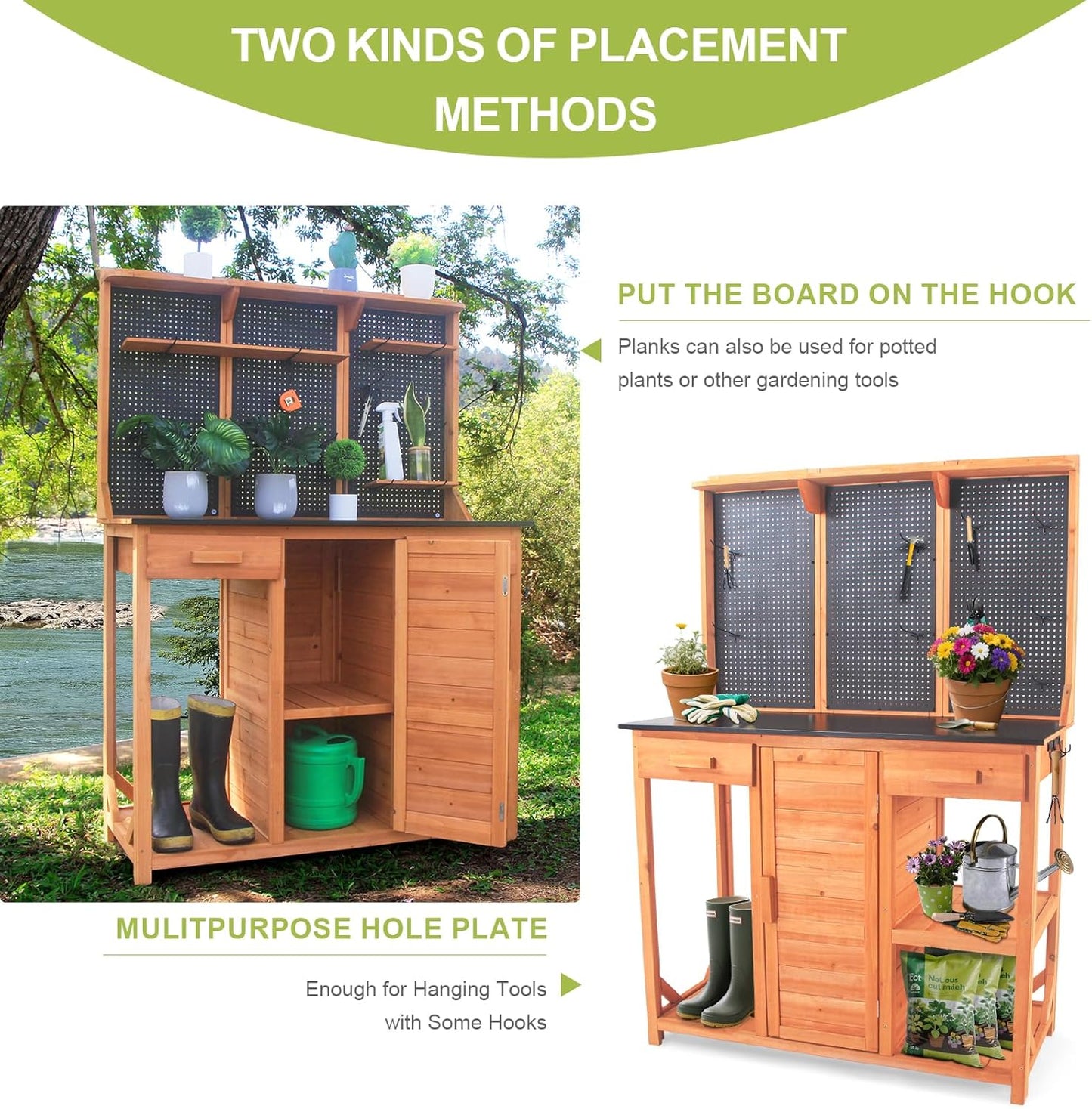 Outdoor Potting Bench,Wooden Potting Table with Metal Tabletop,Garden Work Bench with Drawer and Free Matching Storage Cabinet Shelf/Hooks for Backyard,Patio,Greenhouse (Black, 40 * 59 * 20in)