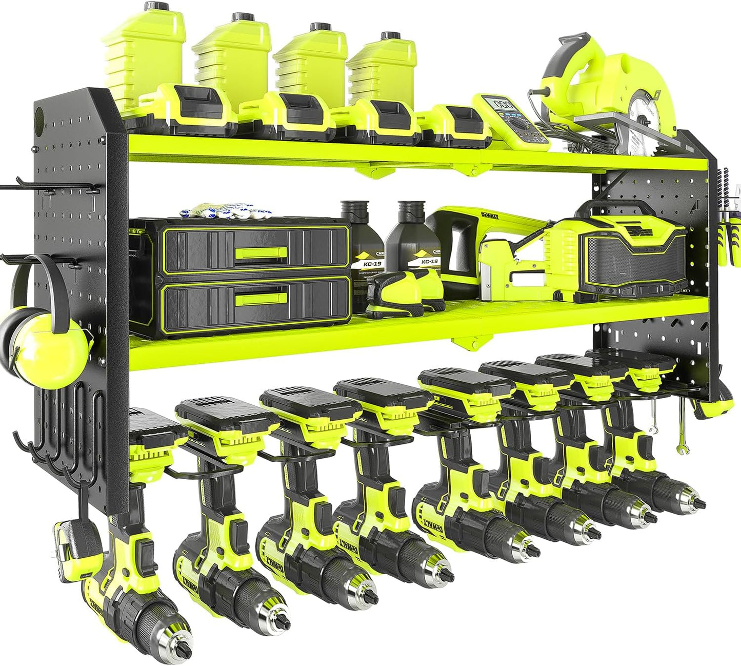 KAFAHOM Power Tool Organizer, Large 8 Drill Holder Wall Mount with 2 Side Pegboards, Heavy Duty Metal Tool Shelf with 12 Hooks, Storage Rack for Garage Organization, Battery Shelves - Green