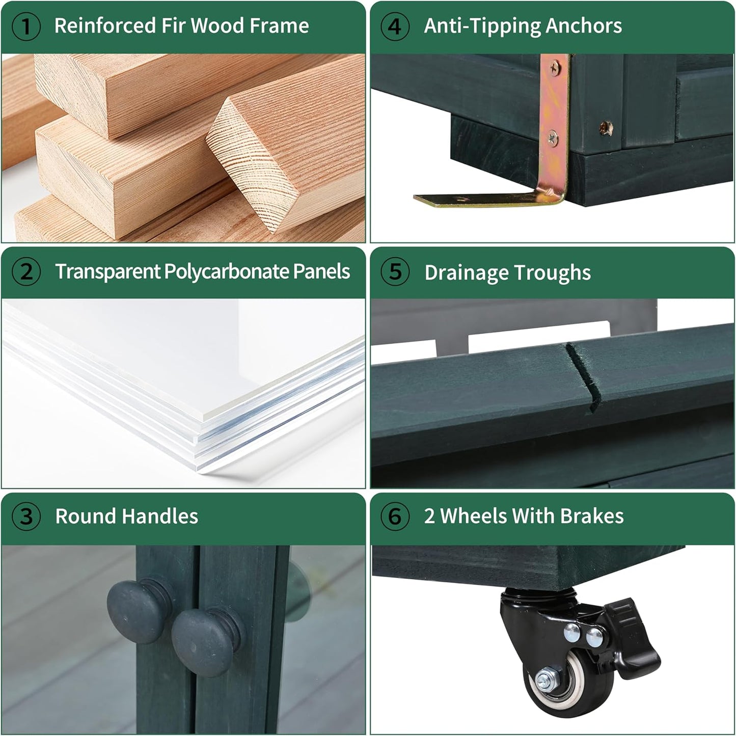 62" Wooden Greenhouse with Wheels - Adjustable Shelves Portable Cold Frame for Balcony/Patio, UV-Resistant Indoor Outdoor Plant Growing Cabinet (Large, Heavy-Duty) (Green)