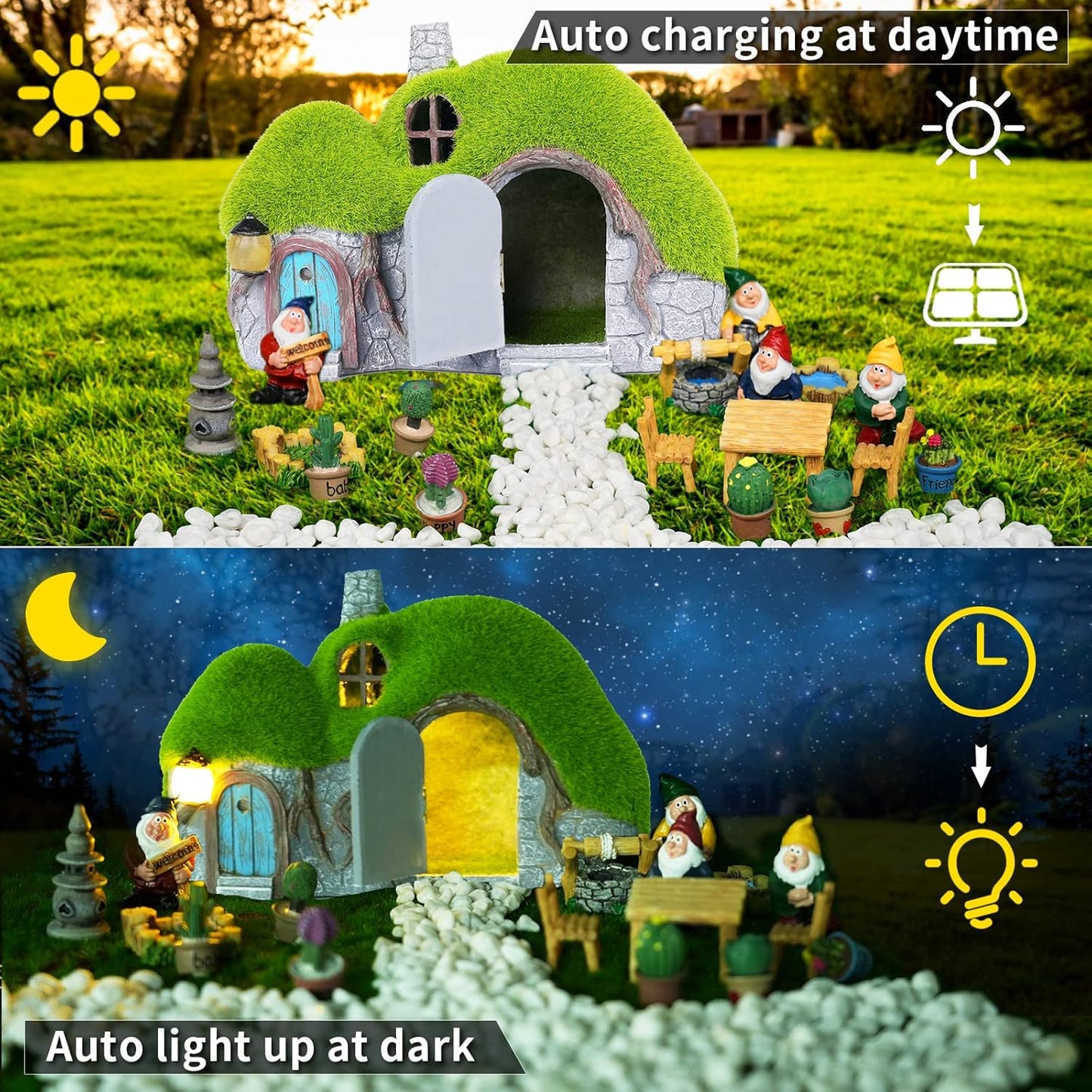 Garden Statues Outdoor Decor - Fairy House with Waterproof Solar Lights Resin Figurines for Yard Lawn Porch Outside Ornament or Garden Gift