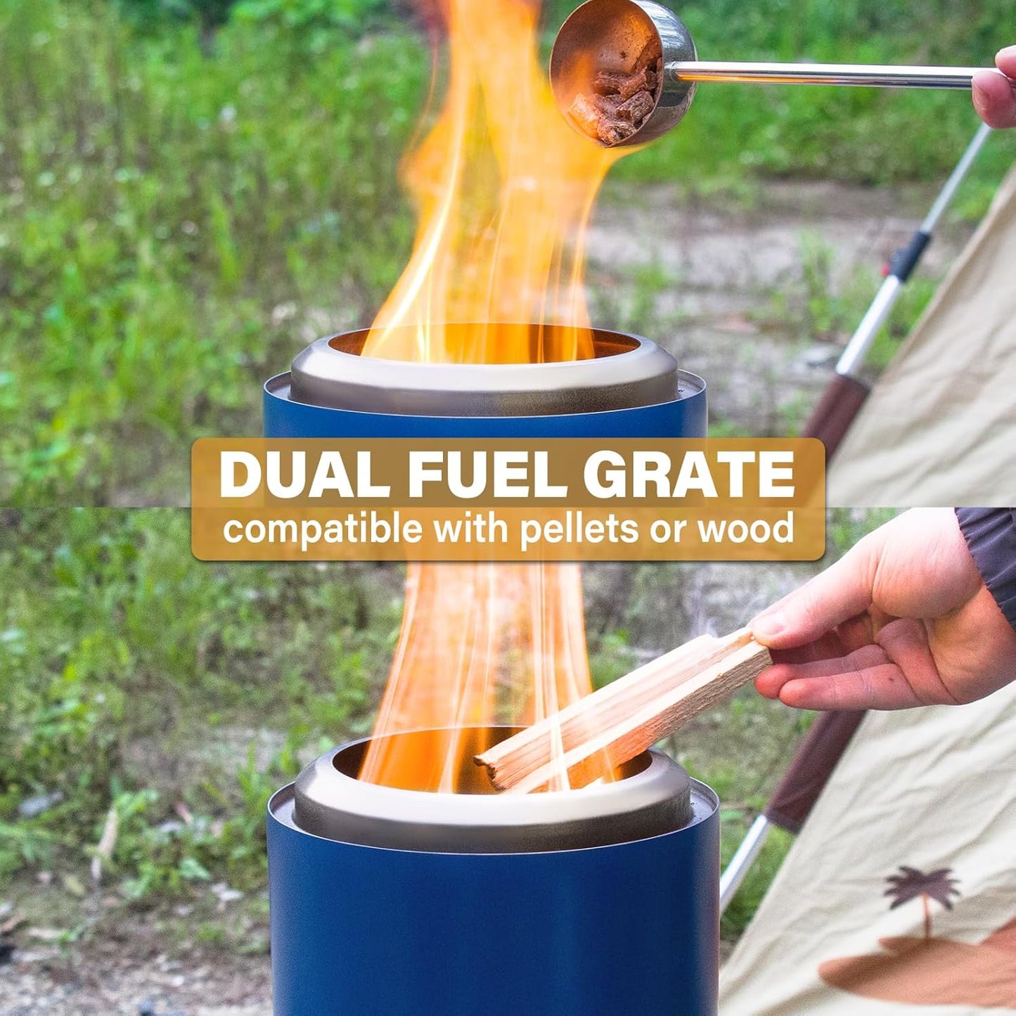 HGD 9.6 x 7.1 in Small Tabletop Fire Pit, Portable Mini Smokeless Table Top Firepit, Low Smoke Camping Stove for Outdoor & Patio, Fueled by Pellets or Wood, with Travel Bag, Stainless Steel, Blue