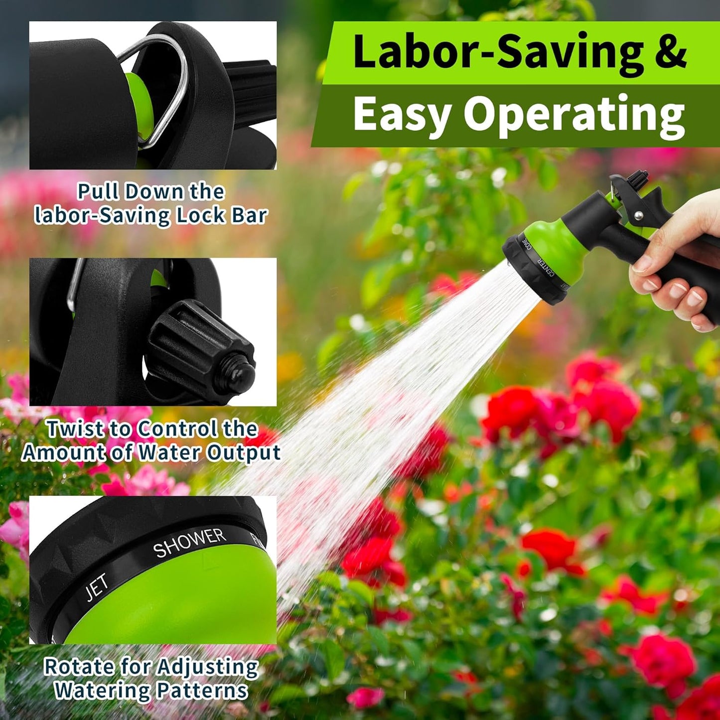 NEXCOVER Garden Hose Nozzle Sprayer - 7 Adjustable Watering Patterns Nozzle for Water Hose, Non-Slip Garden Spray Nozzle for Car Washing, Watering Plants, Pets Showering, Lawns Cleaning, Green