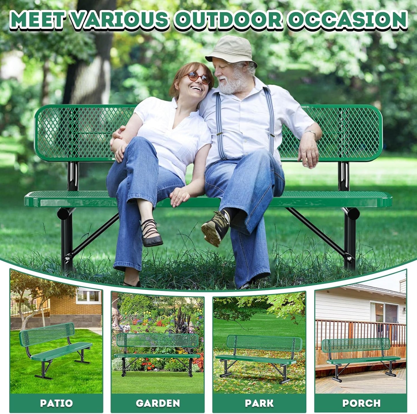 Outdoor Garden Bench, Cast Iron Metal Frame Patio Park Bench with Backrest, Portable Expanded Metal Black Bench, Commercial-Grade Outdoor Seating for Lawn, Patio, Park, Yard, Garden (Green, 6FT/72')