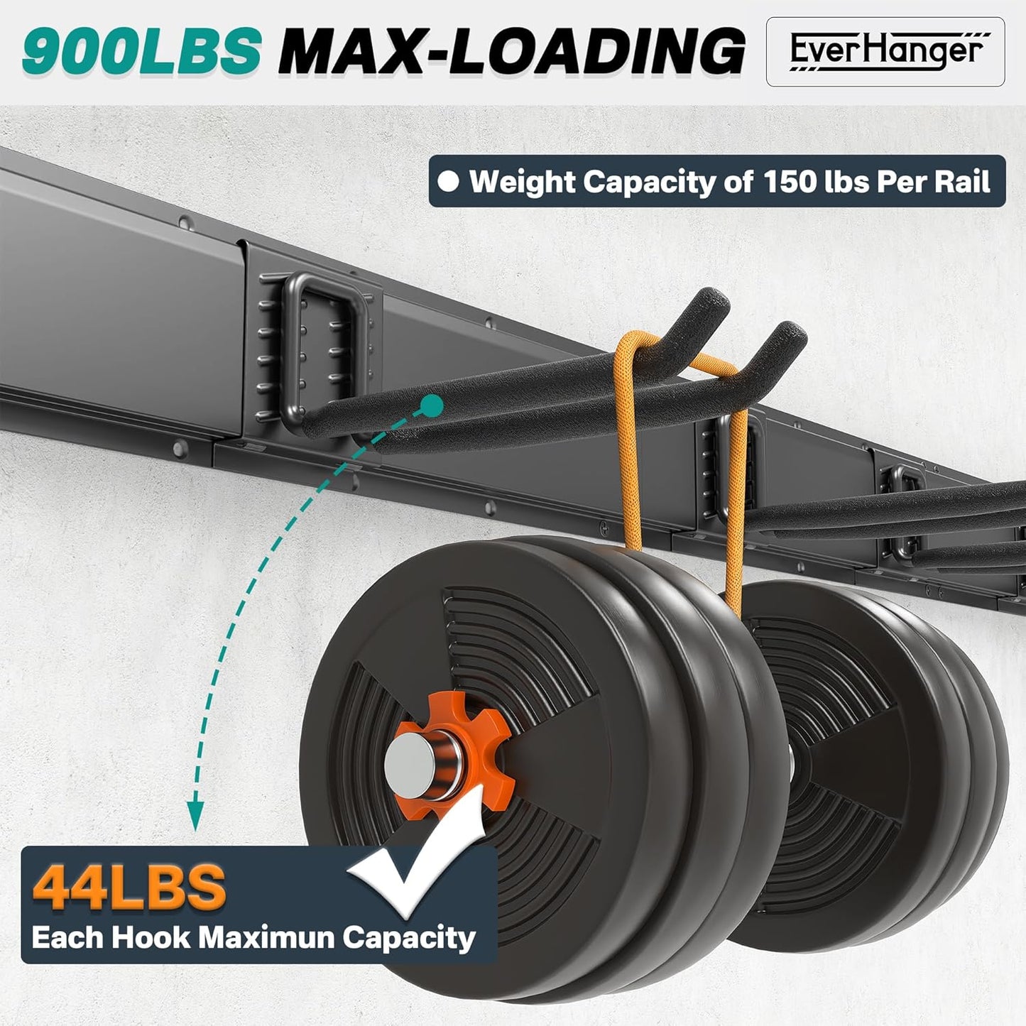 EVERHANGER Garage Tool Storage Organizer, Wall Mount Garden Tool Rack Organization, Heavy Duty Folding Chair Hangers with 12 Adjustable Hooks, Max Load 900lb, 96inch