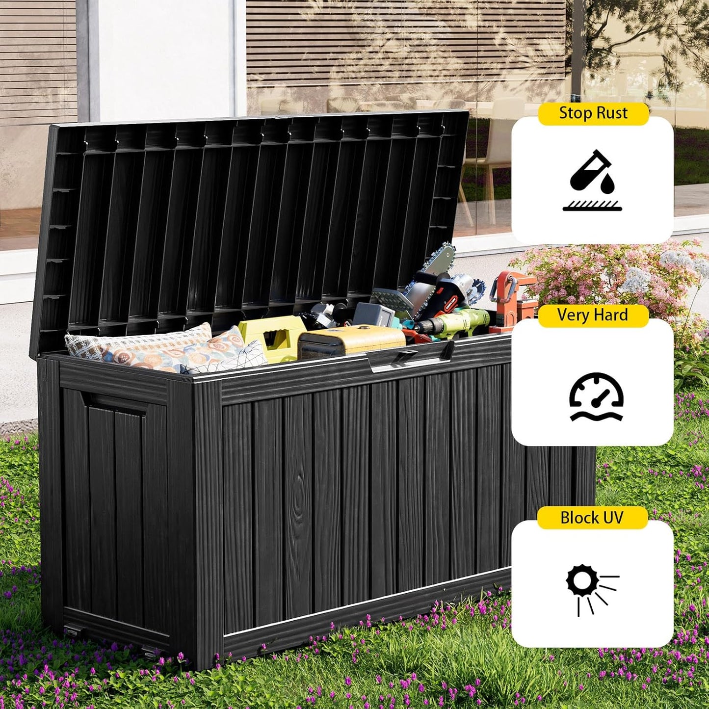 75 Gallon Resin Deck Box, Lockable Outdoor Storage Box for Patio Cushions Storage Furniture,Garden Tools, Pool Supplies, Weatherproof and UV Resistant（Black）