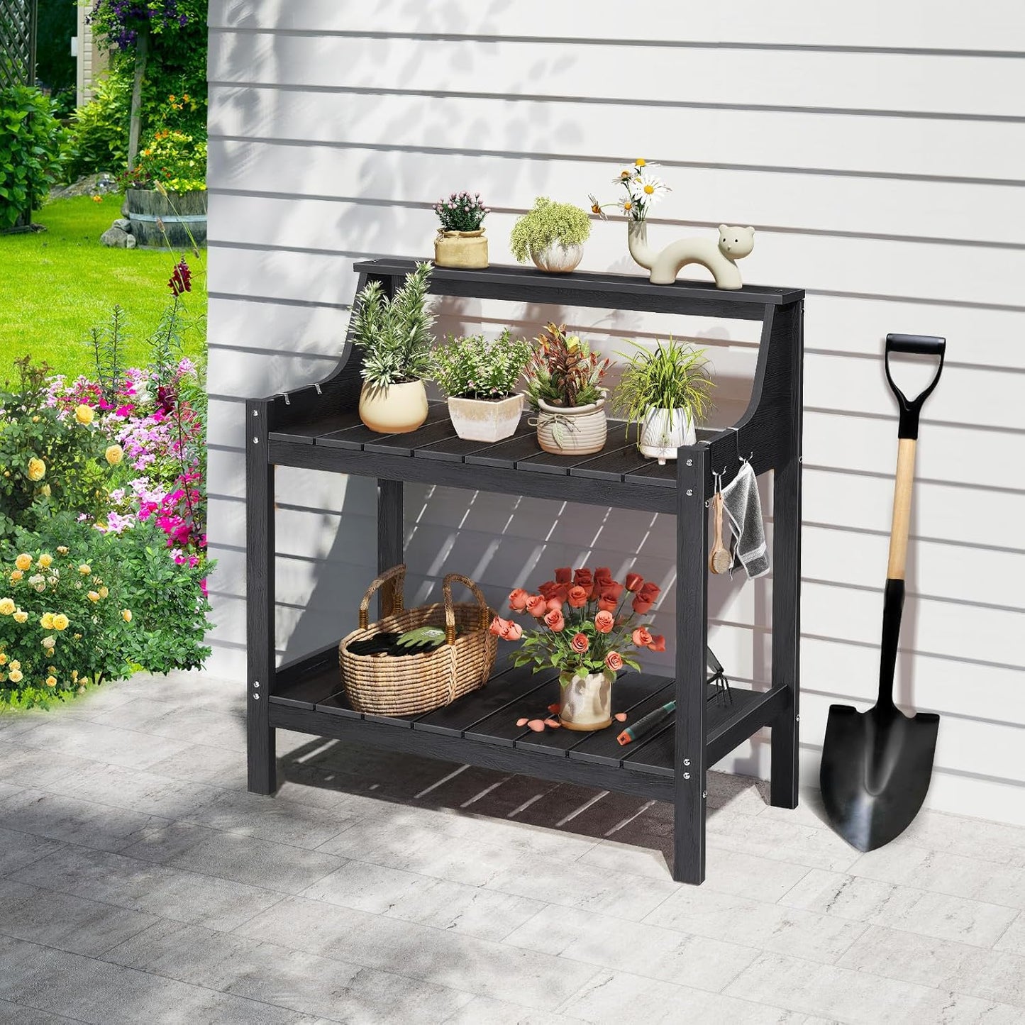 Potting Bench Table, HDPS Potting Bench with 4 Side Hooks, All-Weather Garden Table Work Station, Outdoor Potting Table for Porch, No Rust, No Fade, No Break, 360lbs Capacity (Black, Large)