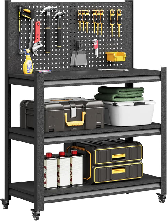 Workbench with Pegboard, Adjustable Heavy Duty Work Table with Wheels, Heavy Duty Workstation, Metal Tool Work Bench for Garage Warehouse Workshop, 48" H x 18" D x 34" W, Black