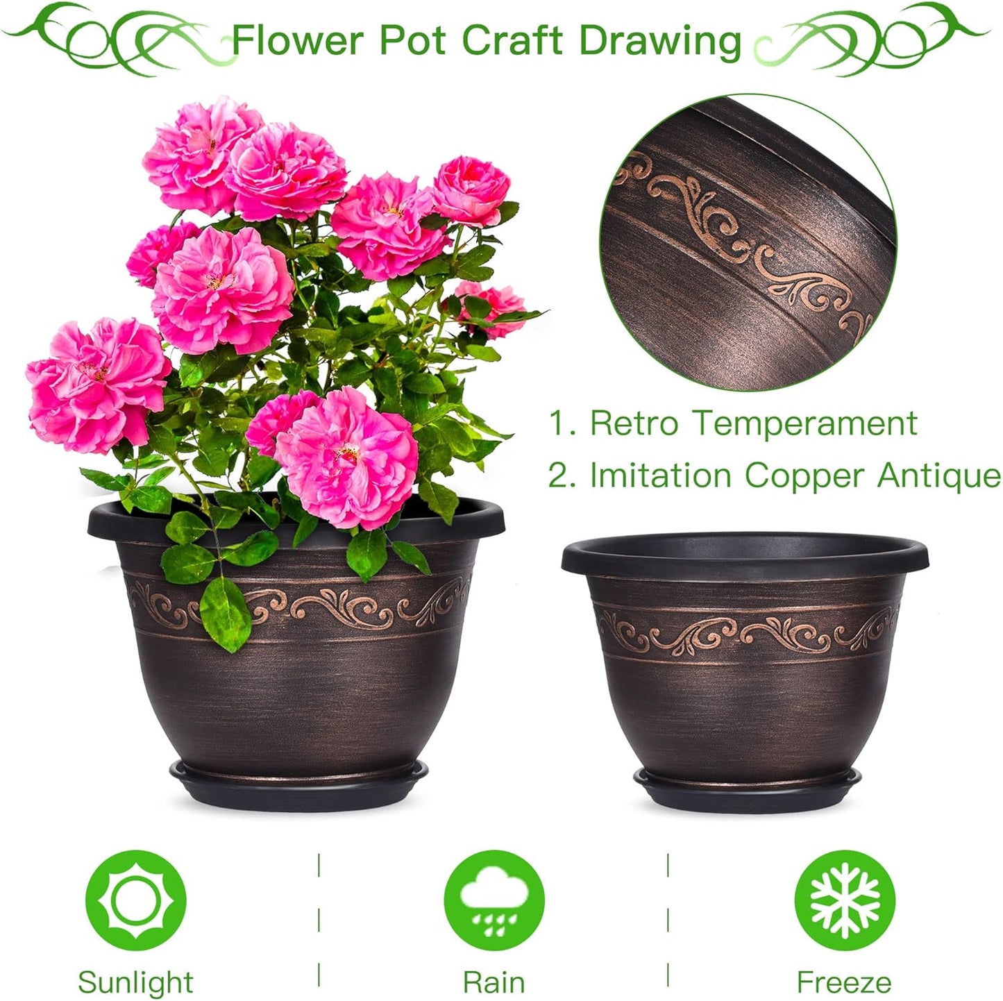 Plastic-Plant-Flower-Planters-12 Inch with Drainage Hole & Saucer, 3 Packs Lightweight Small Resin Flower Pot Indoor Outdoor, Retro Antique Imitation Decorative Garden Containers Sets for Houseplants