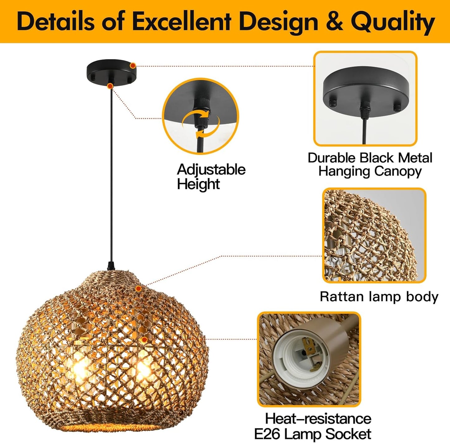 13.79" Rattan Pendant Light, Boho Handmade 2-Light Wicker Chandelier, for Kitchen Island, Bedroom, Dining Room, Entryway, Foyer