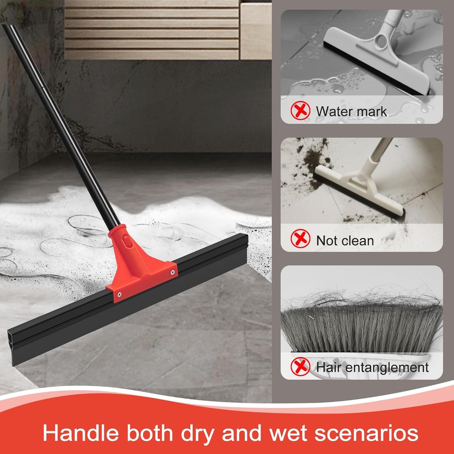 Floor Squeegee with 18'' Silicone Rubber Scraper Head and 58'' Long Adjustable Handle, Heavy Duty Shower Squeegees for Concrete Floor, on Multi-Surface Tile Glass Pool Garage Cleaning