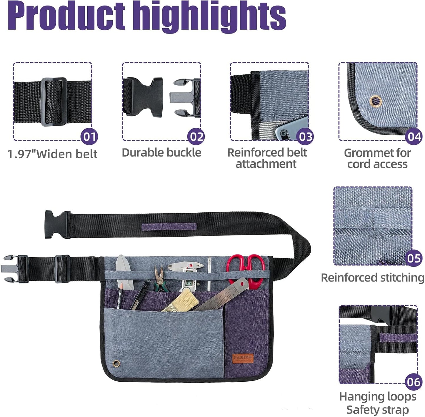 Garden Tool Belt for Men & Women, Denim Wide Adjustable 5-Pocket Waist Tool Apron - Heavy Duty Tool Pouch for Gardening, DIY, Carpenter, Woodworking, Painting, Seamstress, and Crafts (Purple)