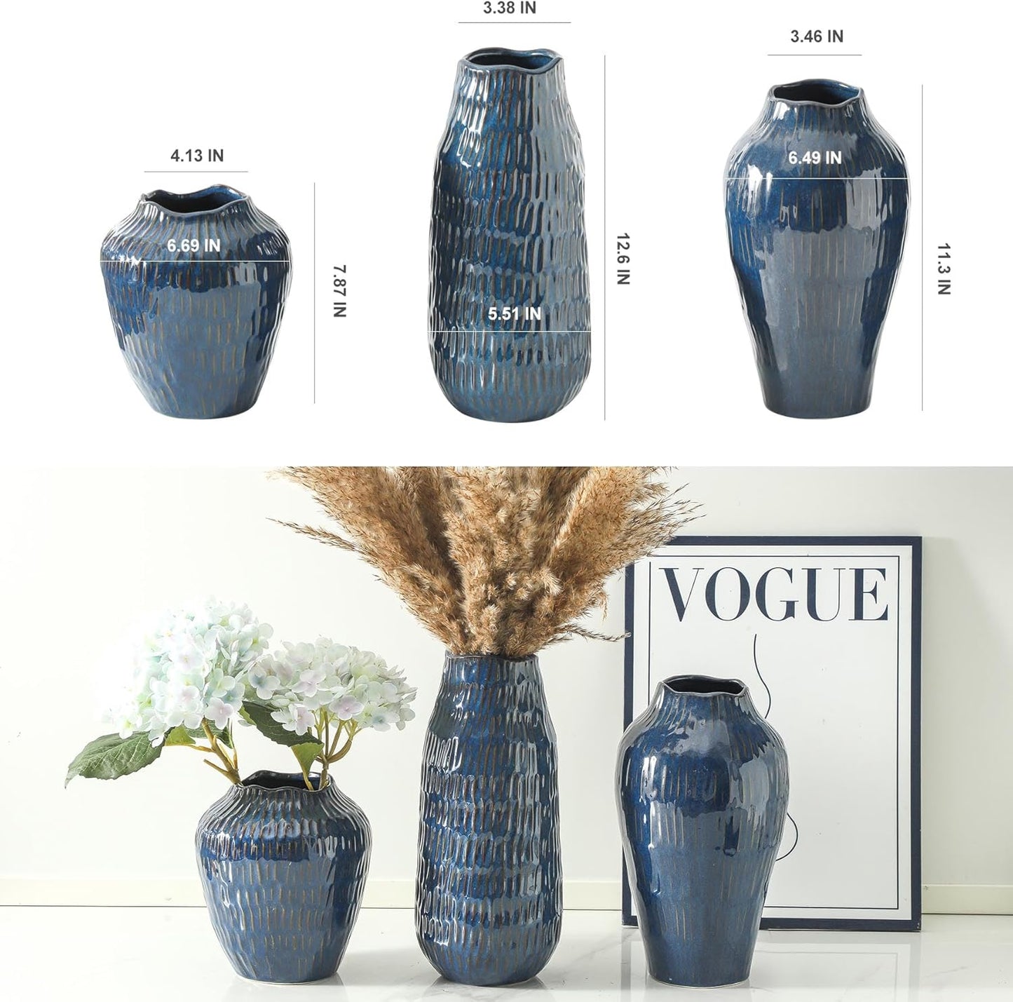 Blue Ceramic Vase for Home Decor, 12.6 Inch Tall Flower Vase with Modern Textured Finish,Decorative Floor Vase for Pampas Grass, Entryway, Living Room, Dining Table, Farmhouse or Office