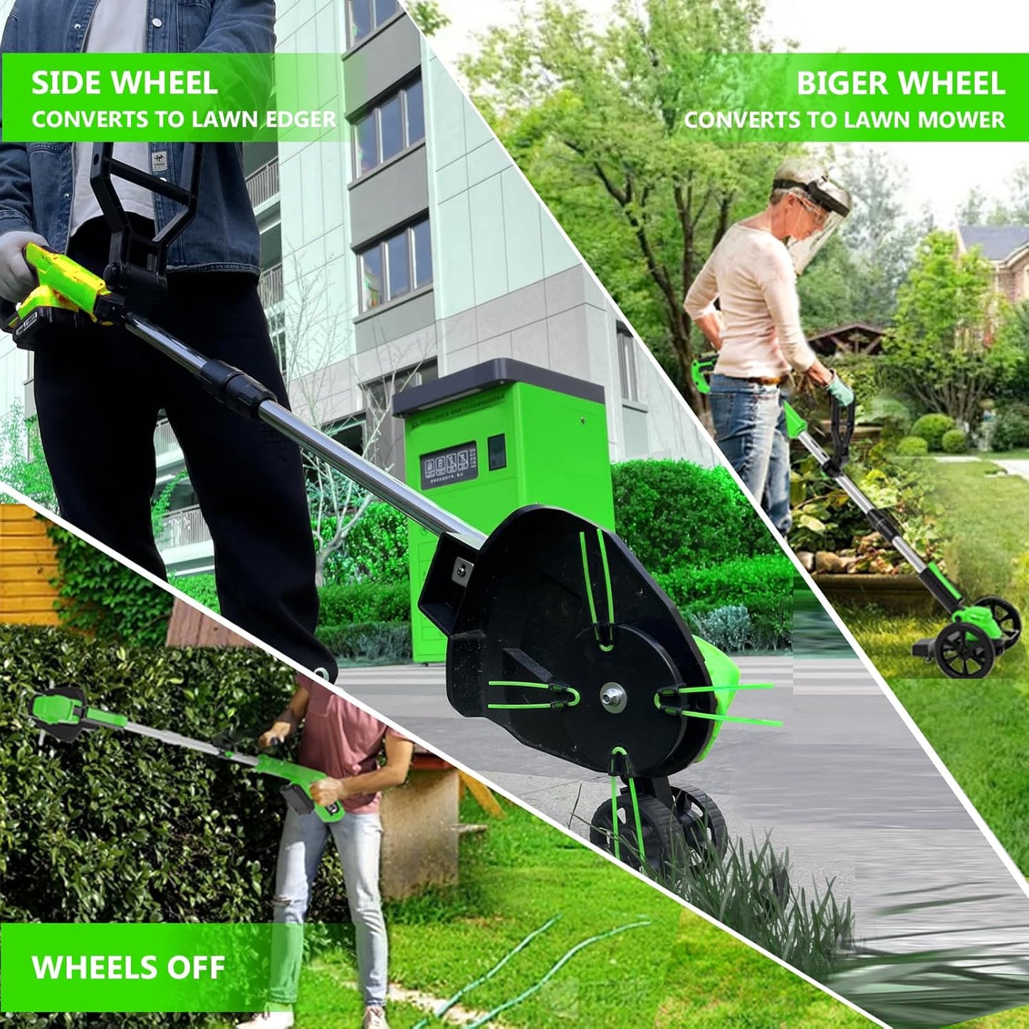 Electric Weed Wacker Eater Cordless Battery Powered, Weed Trimmer 21V Lightweight No-String with 2 Battery Operated & Wheels, 3 in 1 Stringless Grass Trimmer/Edger/Brush Cutter for Garden Yard Lawn