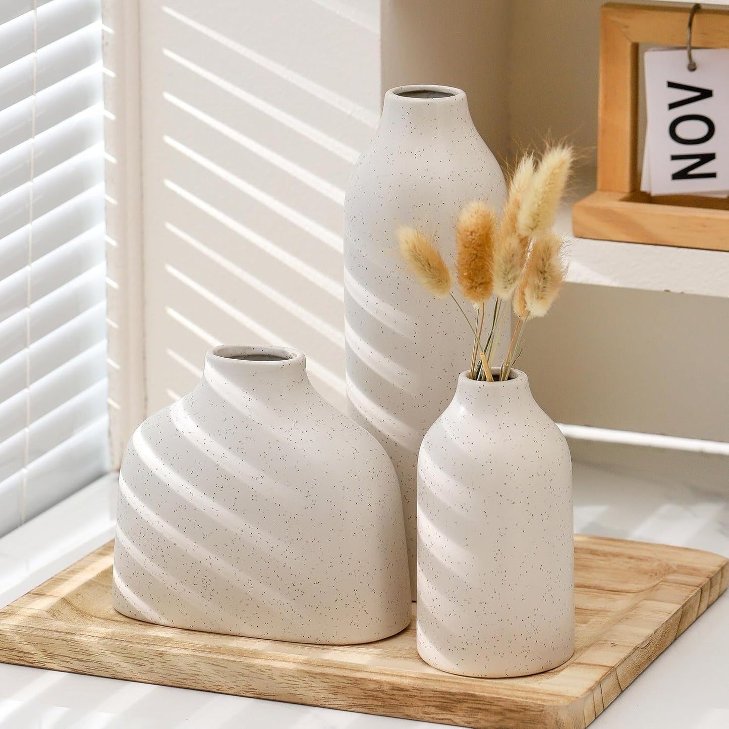 Ceramic Vase Set of 3, White Flower Vase Home Decor,Modern Farmhouse Decor,Pampas Grass Dried Fresh Flowers Living Room,Bookshelf Decoration, Centerpiece Table Decor,Boho Decor.(White)