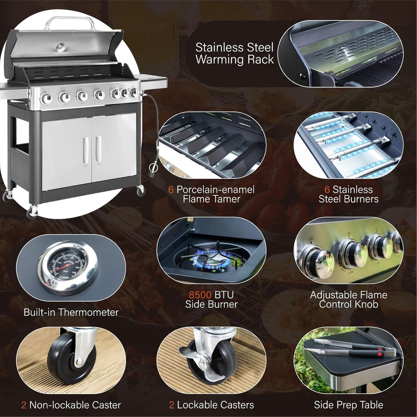 Sophia & William 6-Burner Propane Gas BBQ Grill with Side Burner & Porcelain-Enameled Cast Iron Grates, Stainless Steel Barbecue Grills Outdoor Cooking for Outside, 665 SQ.IN. Cooking Area, 65,800BTU