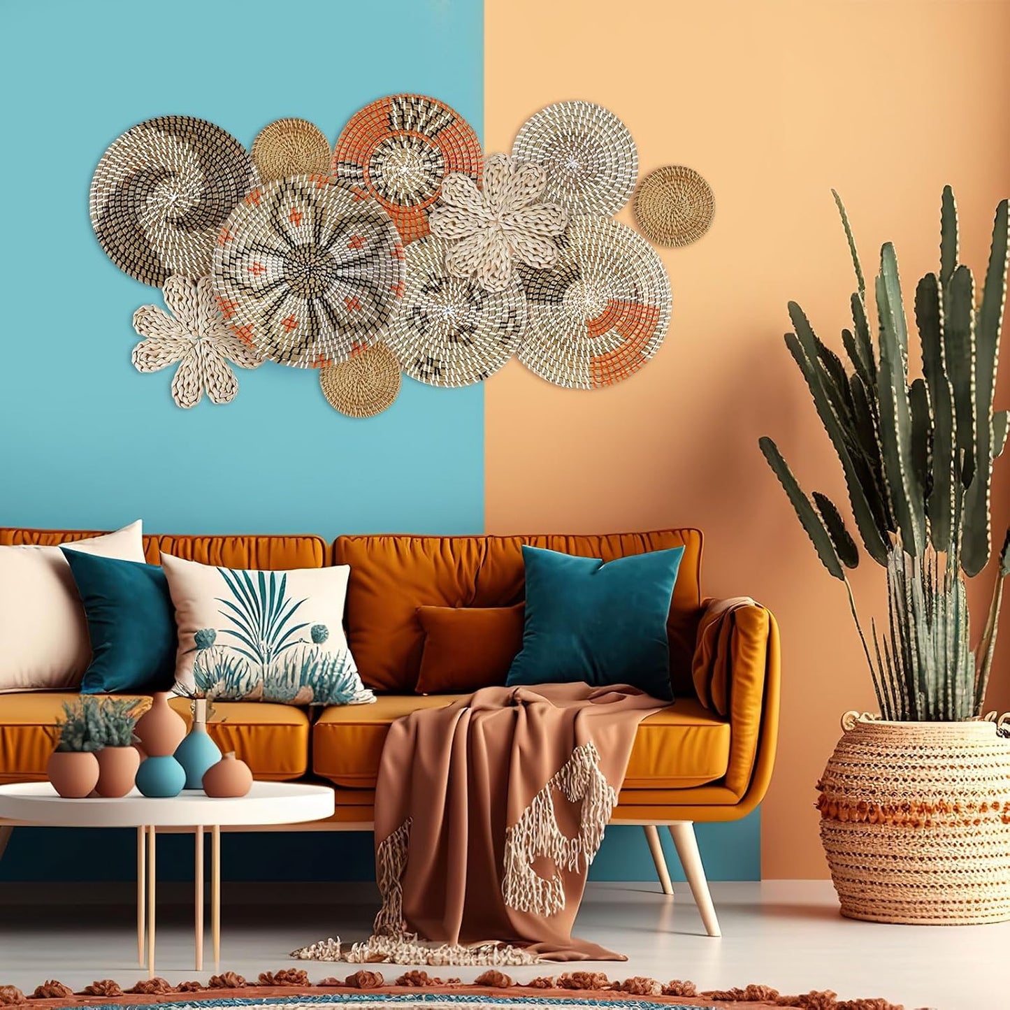 11 Pcs Boho Hanging Wall Basket Decor Handmade Woven Basket Wall Decorative Boho Wicker Baskets Placemats Round Farmhouse Bulrush Art for Rustic Home Decorations Christmas Gift(Cute)