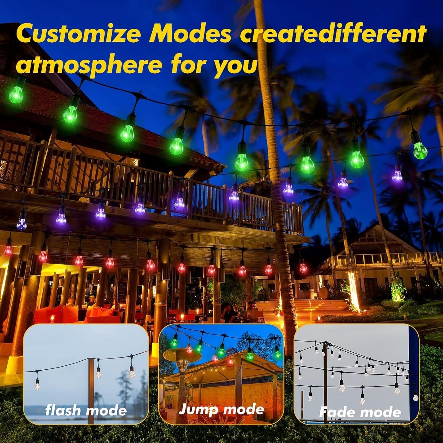 Auroraworld RGB Solar Outdoor String Lights, 200FT Dimmable Patio String Lights for Cafe