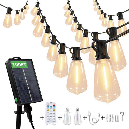 Solar String Lights Outdoor Waterproof, 100FT Solar Powered Outdoor Lights with Remote, 52 Shatterproof with Edison Bulbs, LED String SolarLights for Garden, Backyard, Parties