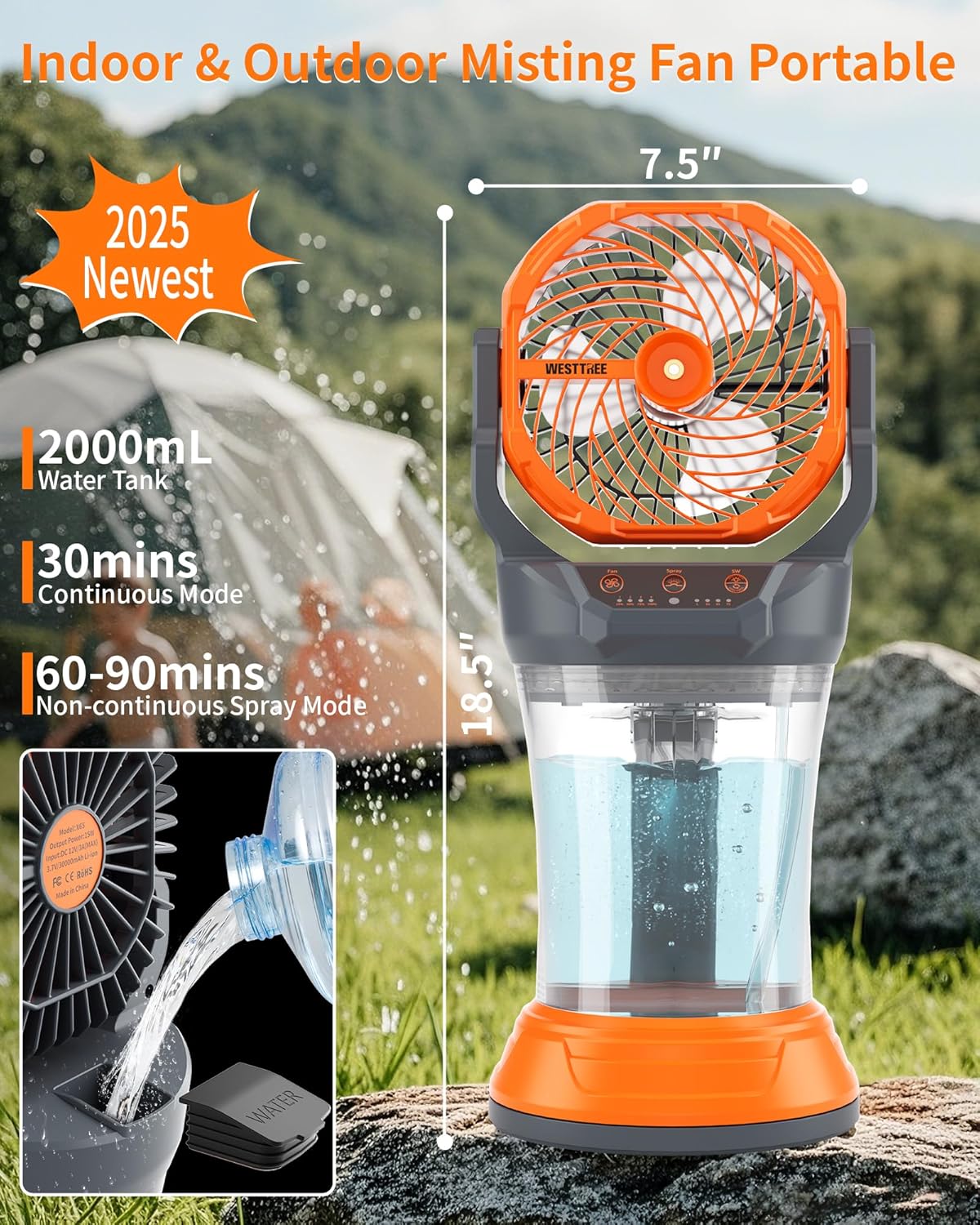Portable Misting Fan with Larger Battery Fan-Rechargeable Outdoor Misting Cooling Fans with 2L Water Tank,RGB Lights,4 Speeds & Spray Modes-for Patio, Camping, Beach, Workshop (Gray-Orange)