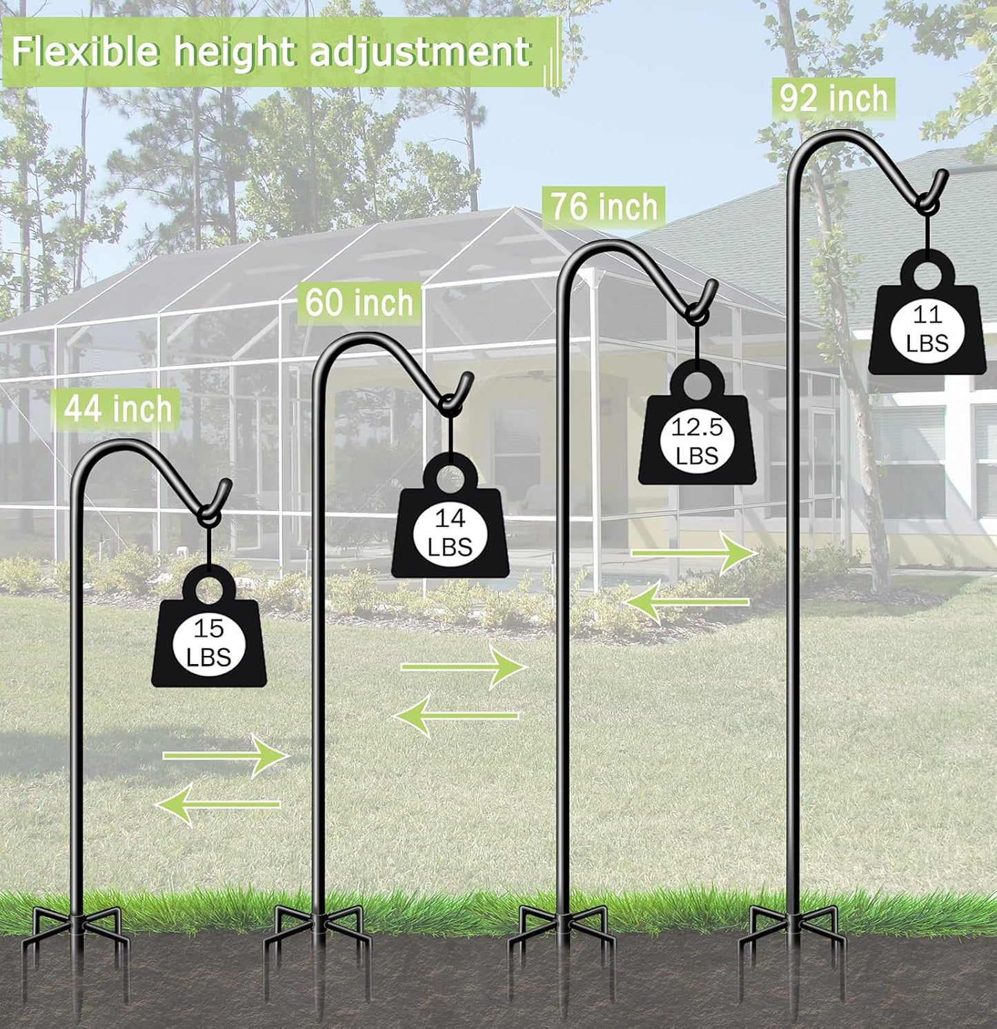 Garbuildman 92 Inch Tall Shepherd Hooks with 5-Forked Base, Adjustable Heavy Duty Bird Feeder Pole Stand Hanger for Outdoor, Shiny Black, 1 Pack