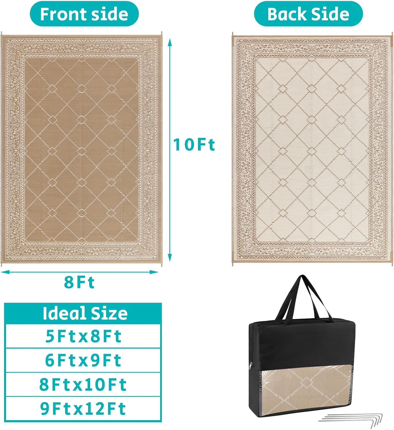 HEBE Outdoor Rug Waterproof 8x10, Reversible Plastic Straw Rug RV Camping Rug, Indoor Outdoor Patio Mat Clearance, Outside Carpet for Porch,Deck,Camper,Balcony,Backyard,Picnic