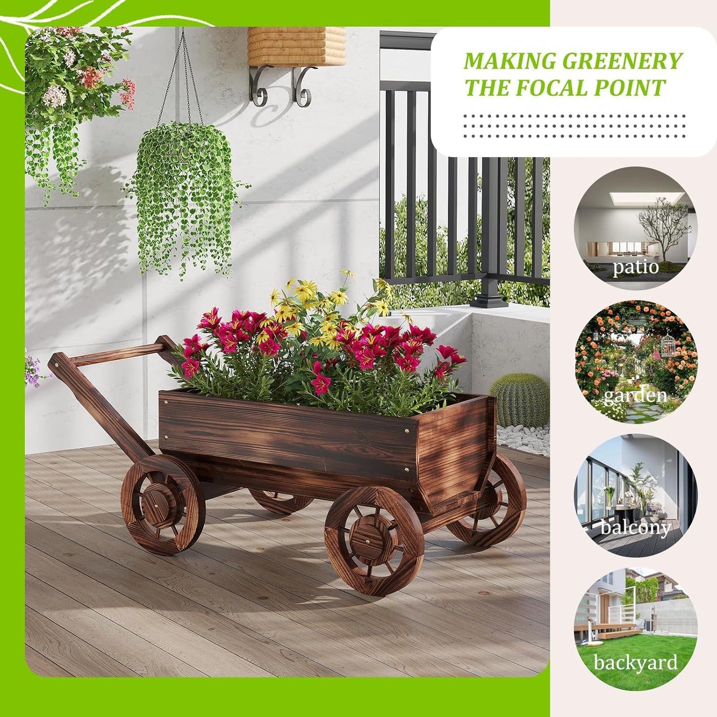 Wooden Flower Cart with Wheels Wooden Wagon Planter Outdoor Garden Planter Decor Planter for Patio Balcony Trolley Decoration Succulent Flower Pot, Indoor Backyard Balcon Decor.（L）