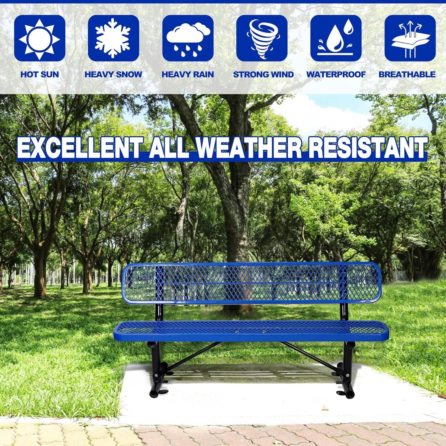Heavy-Duty Park Bench or Table for Outside - Black Coated Outdoor Furniture Steel Bench, Commercial-Grade Outdoor Benches Weatherproof for Park, Patio, Porch (Blue, 6FT (with Backrest))