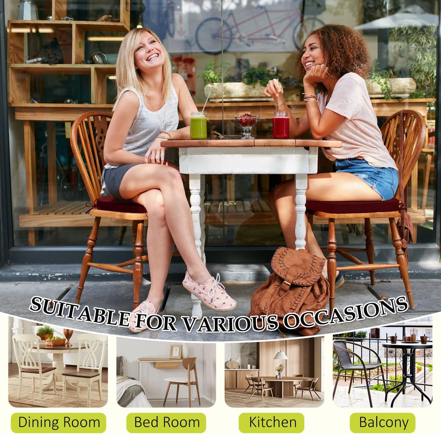 Chair Cushions for Dining Chairs, Indoor Chair Cushions with Ties，Waterproof Chair Pads Set of 4, Burgundy, 17x16x2.5 Inch