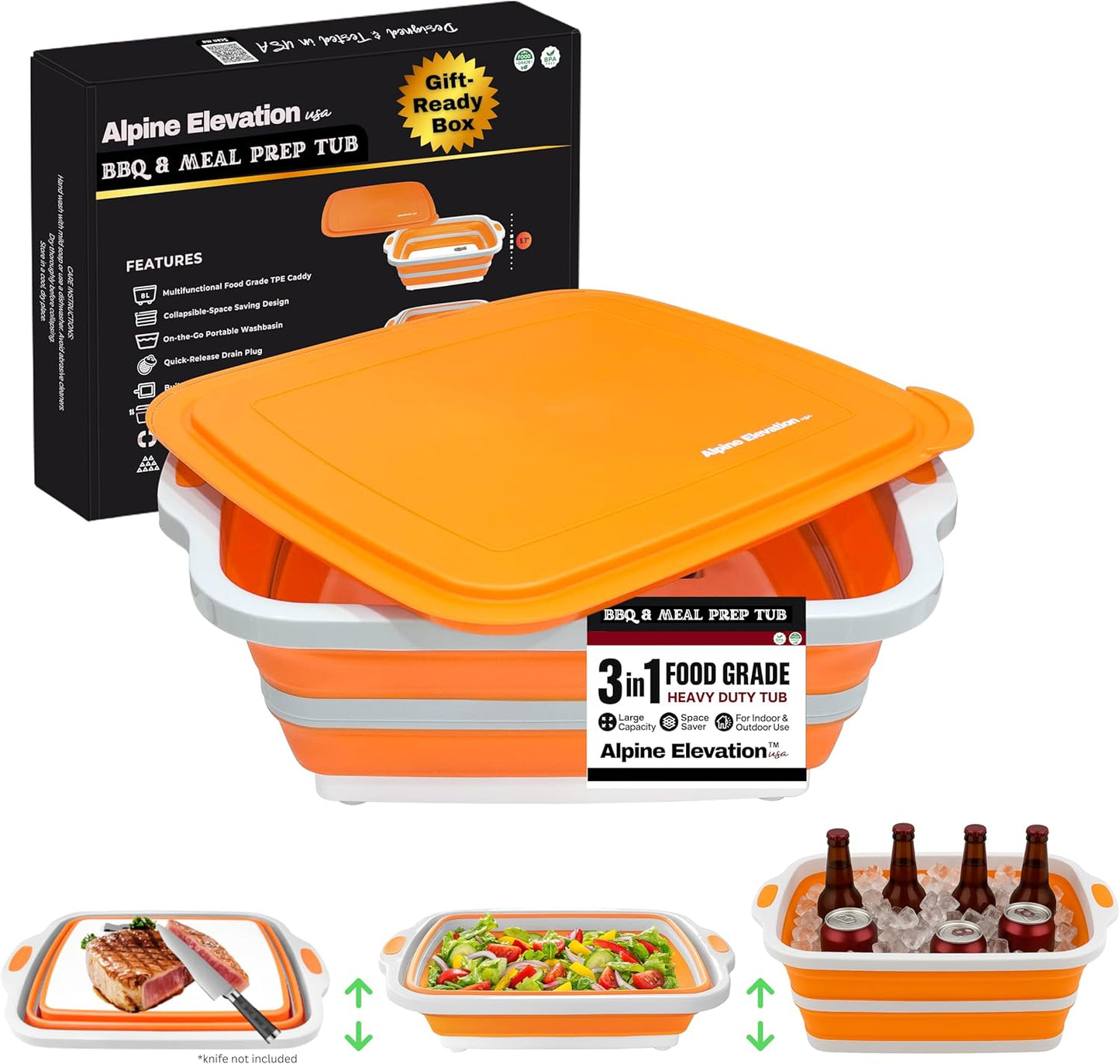 Collapsible Large (8L) BBQ Marinating Tub w/Cutting Board | Multipurpose Food-Grade TPE Prep Tub w/Lid | Built-in Colander & Drain Plug - for Camping | Tailgate | Picnic - Bold Orange