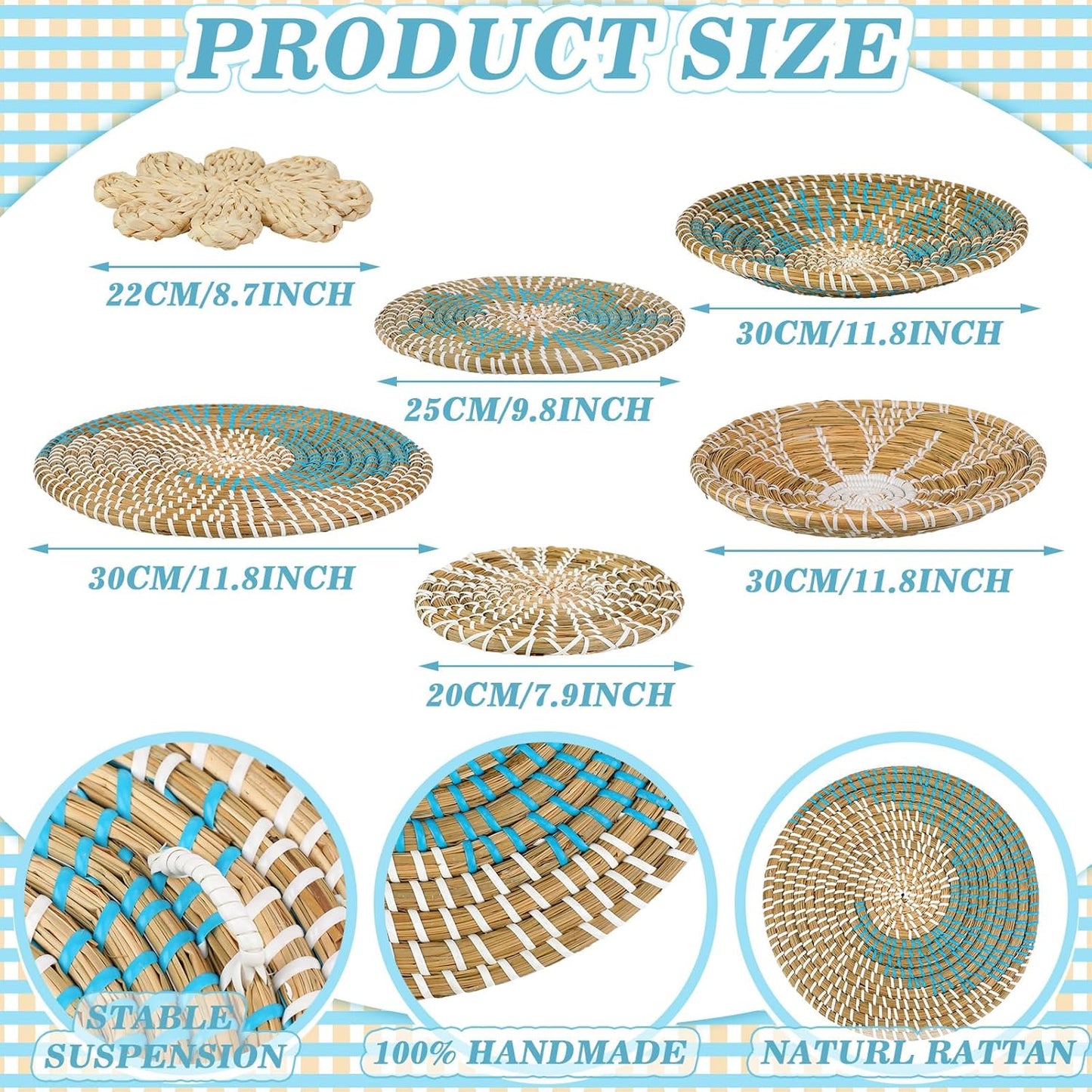 Xuhal Set of 8 Hanging Woven Wall Basket Handmade Decorative Rustic Boho Basket Decor Handcrafted Wicker Round Seagrass Wall Art for Home Kitchen Farmhouse Table Living Room