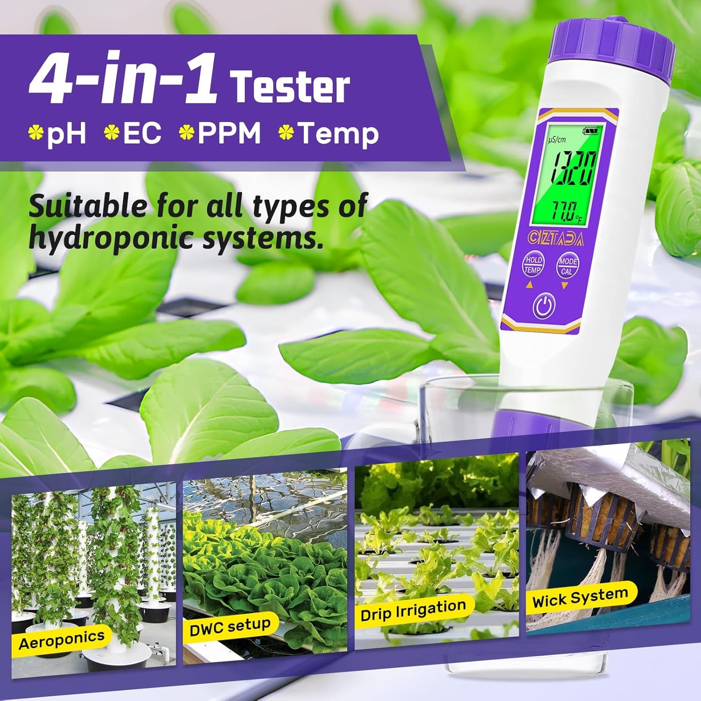 Smart pH Meter for Water pH and EC Meter for Hydroponics Nutrients Digital pH and PPM Tester for Reservoir Water 4 in 1 pH EC TDS Temp Tester for Indoor Plant Growing, DWC, Pool, Aquariums