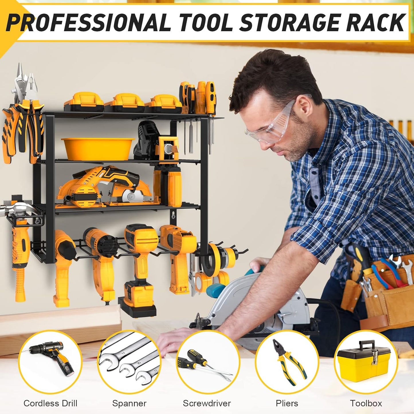 4 Layers Power Tool Organizer Wall Mount for Fathers Dad, 4 Cordless Drill Holder Garage Organization Heavy Duty Metal Loads 200LBS, Garage Shelving for Tool Storage, Tool rack for Men