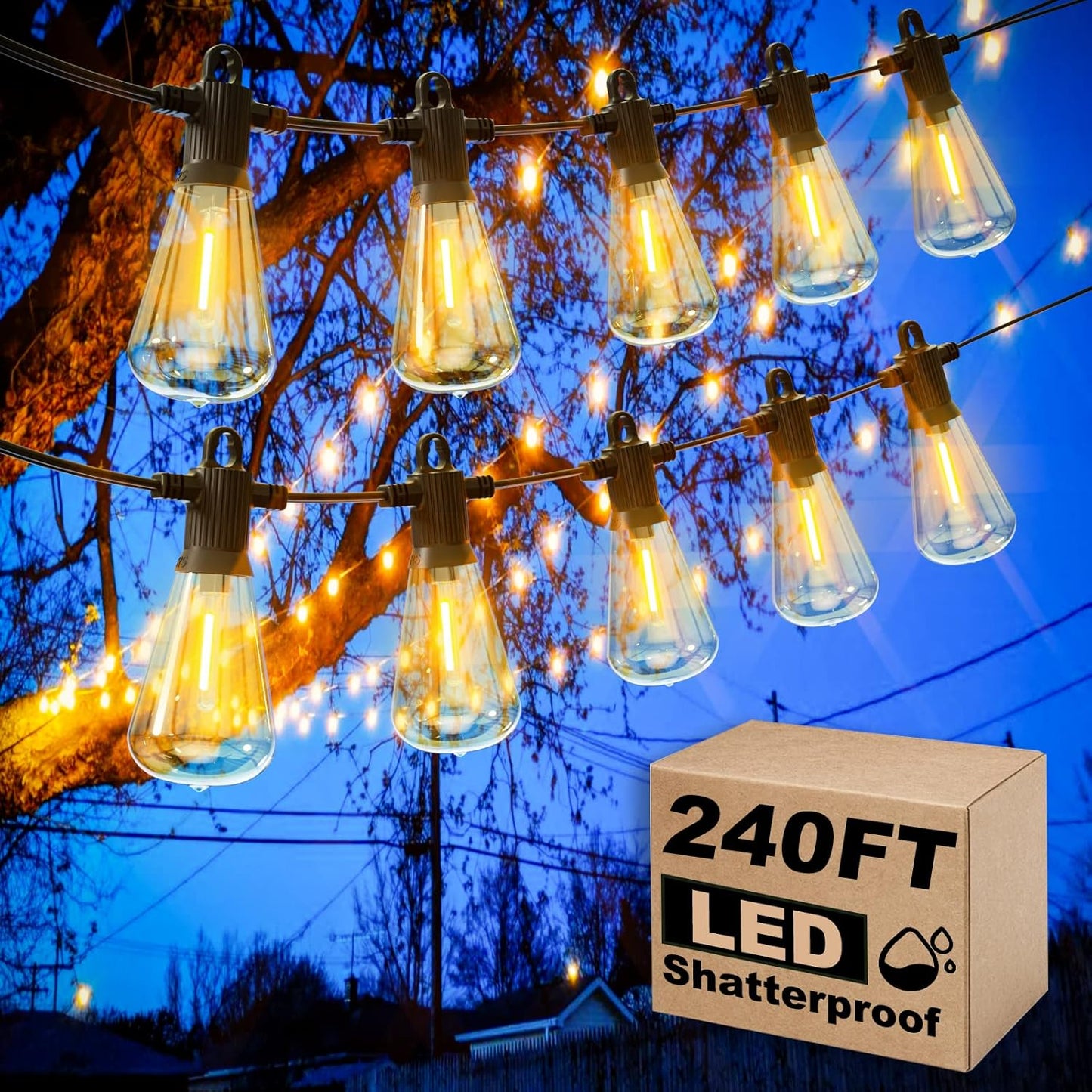 Outdoor Patio String Lights, 240FT LED with 120+4 ST38 Vintage Edison Bulbs, Waterproof Connectable Hanging Lights for Outside Backyard Bistro Porch (120FTx2)