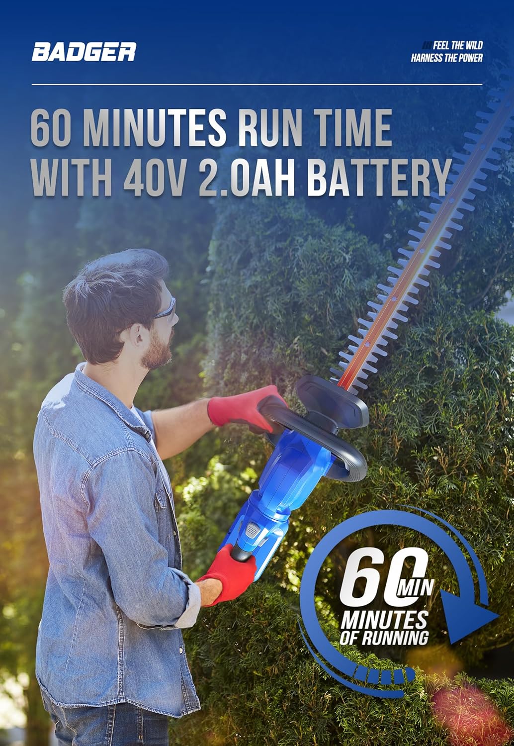 WILD BADGER POWER Hedge Trimmer 40V 24” Cordless, Powerful Electric Hedge Trimmer, 2.0Ah Battery and Charger Included