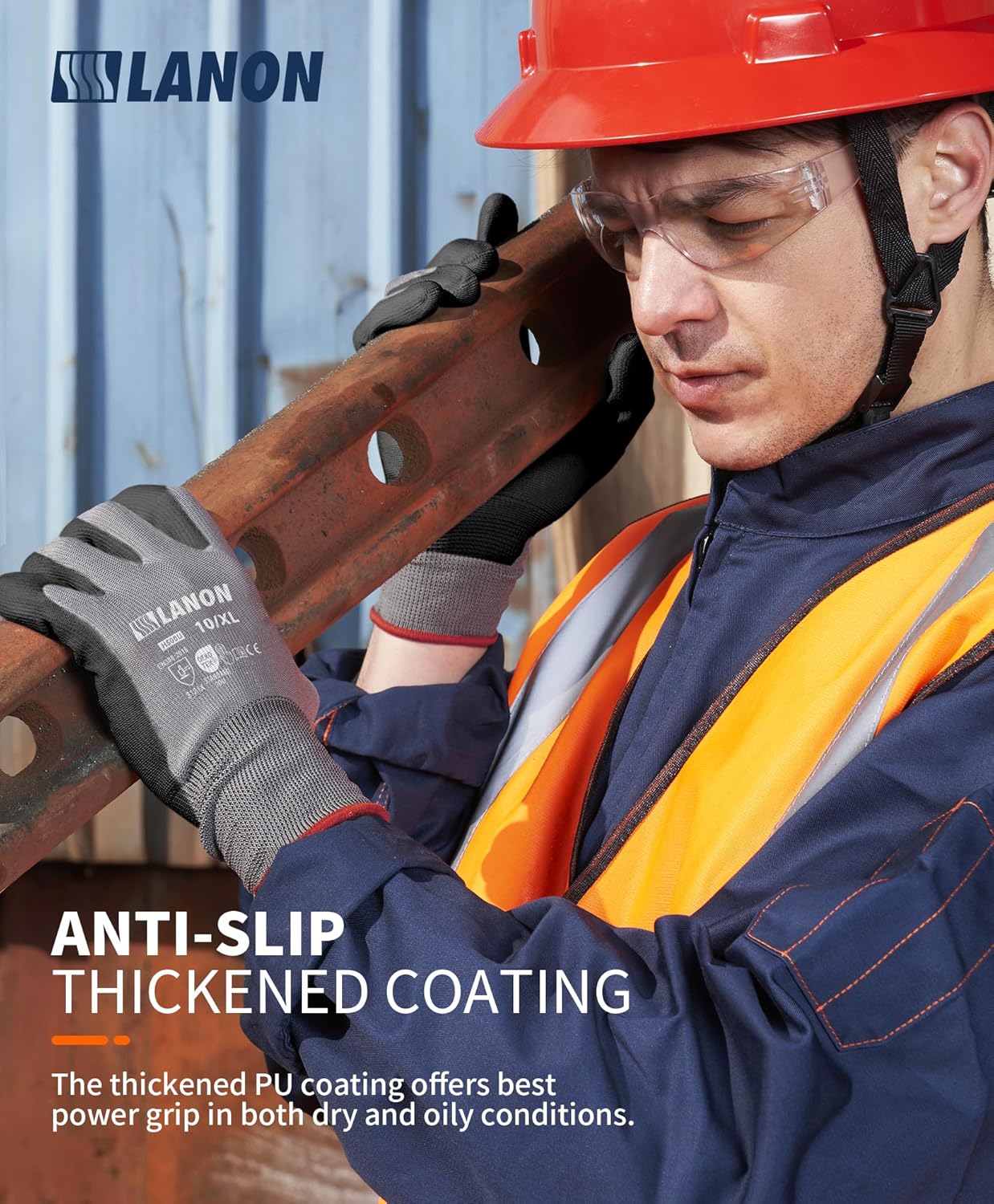 LANON 18 Pairs Safety Work Gloves, Mechanic Working Gloves for Men,Breathable PU Coated, Seamless Knit,Double Wash, Grey, XXL