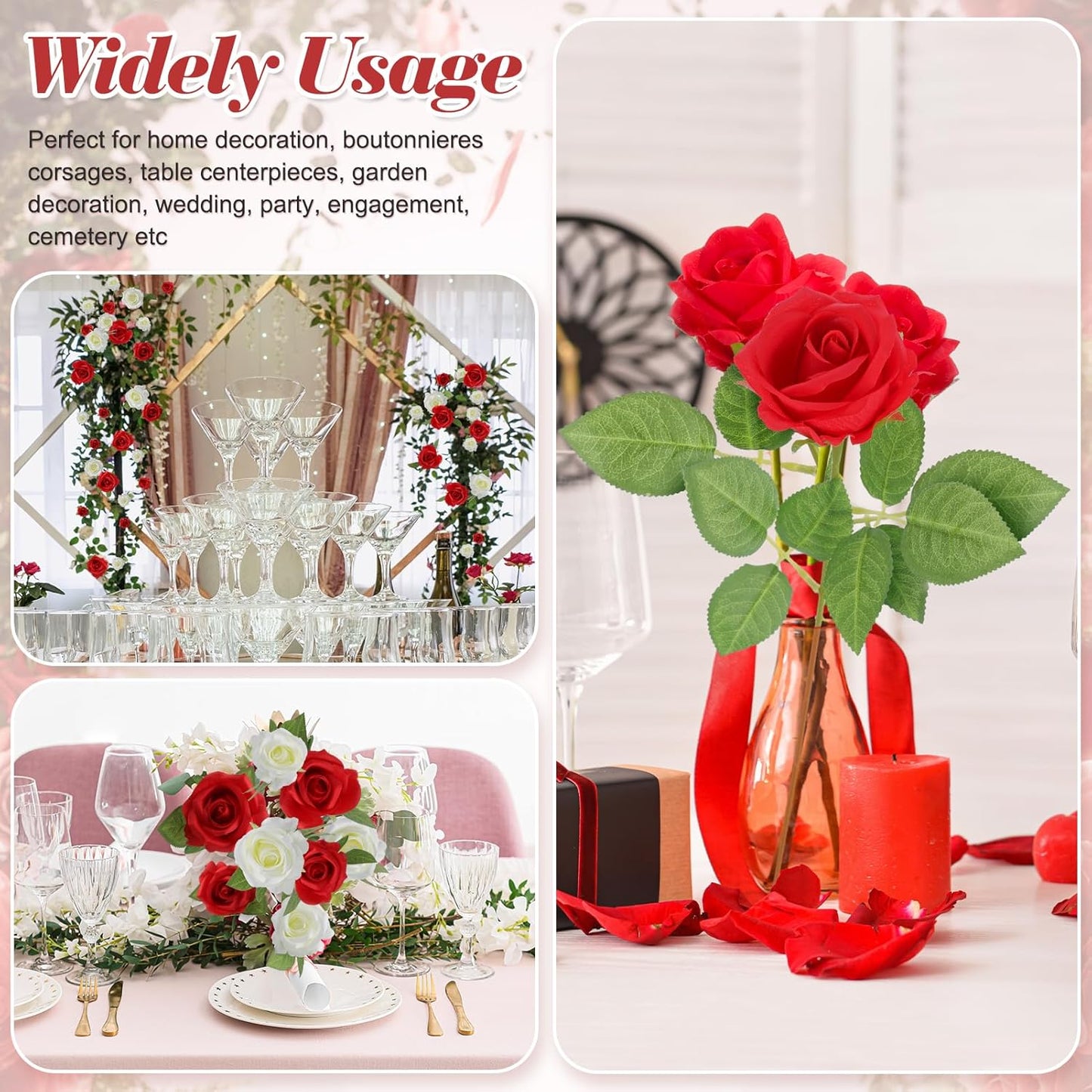 36 Pcs Red and White Rose Artificial Roses Flowers Bouquet Centerpiece,Fake Silk Rose Stem Realistic Artificial Flowers Bulk for Bridal Wedding Bouquet Ball Arrangement Party Decor