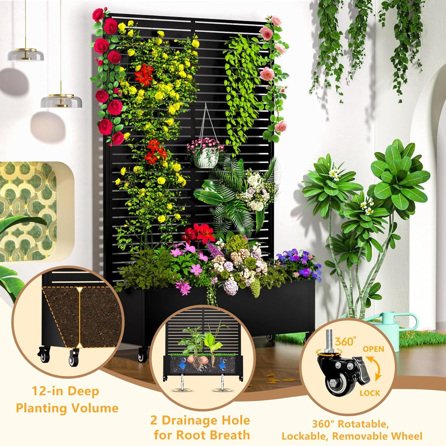 Metal Planter Box with Trellis, 72"x47"x16" Outdoor Galvanized Raised Garden Bed with Privacy Screen & Drainage Holes & Lockable Casters for Climbing Plants, Vegetable, Vines (Black-Louvered)