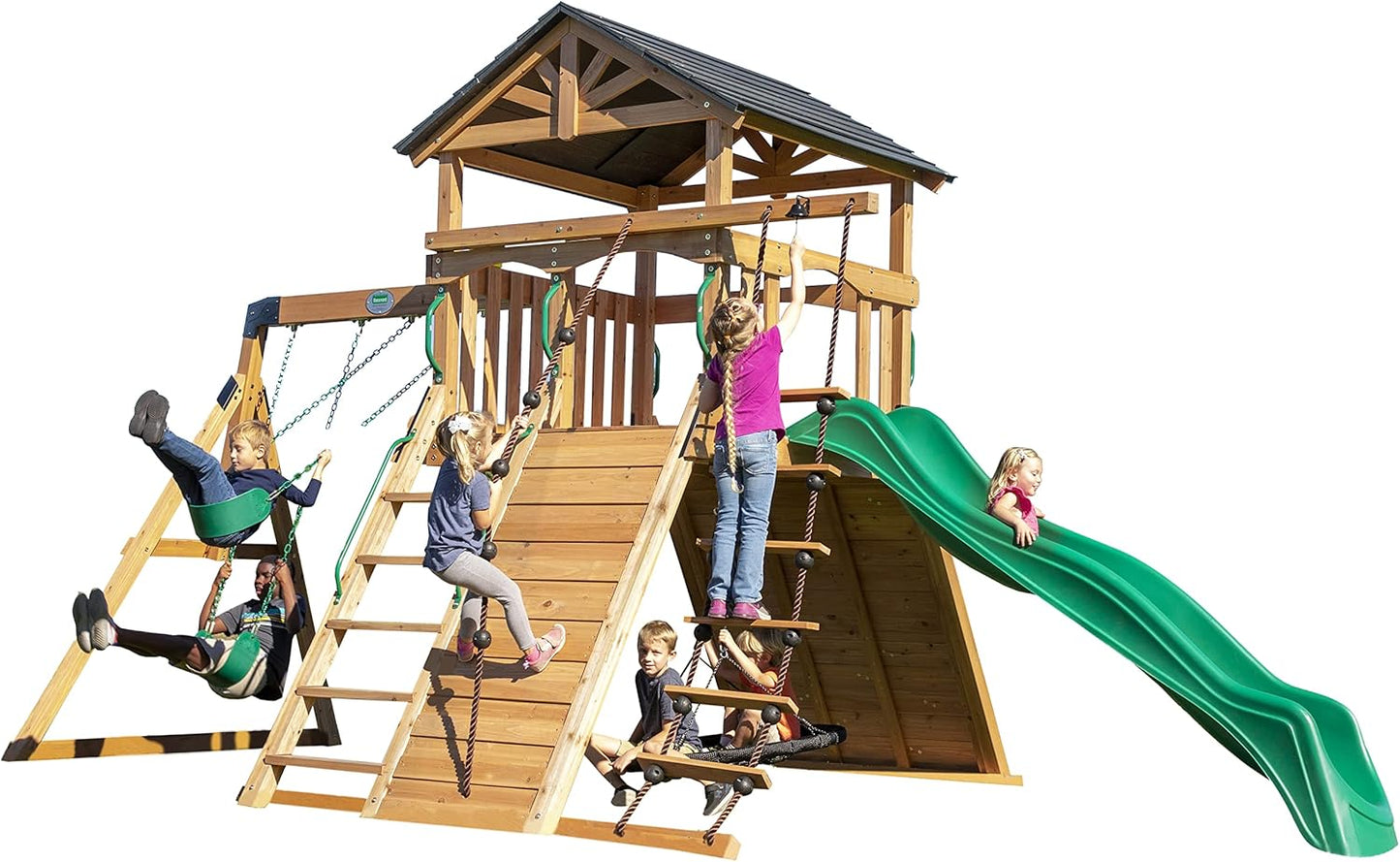 Backyard Discovery Endeavor All Cedar Wood Swing Set Playset for Backyard with Large Clubhouse Wave Slide Rope Ladder Rock Climbing Wall Wave Slide 2 Belt Swings and 1 Web Swing Gift for Ages 3-10