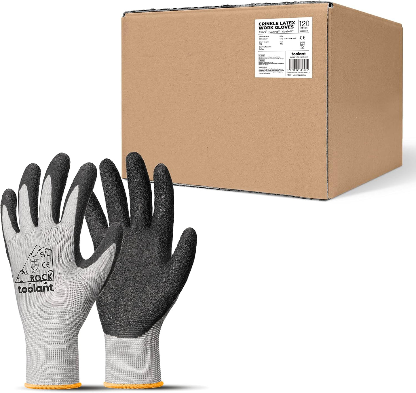 toolant Crinkle Latex Work Gloves Bulk, Rubber Coated Safety Work Gloves for Men and Women, 120 Pairs for Construction, Gardening, Warehouse (Gray, Large)