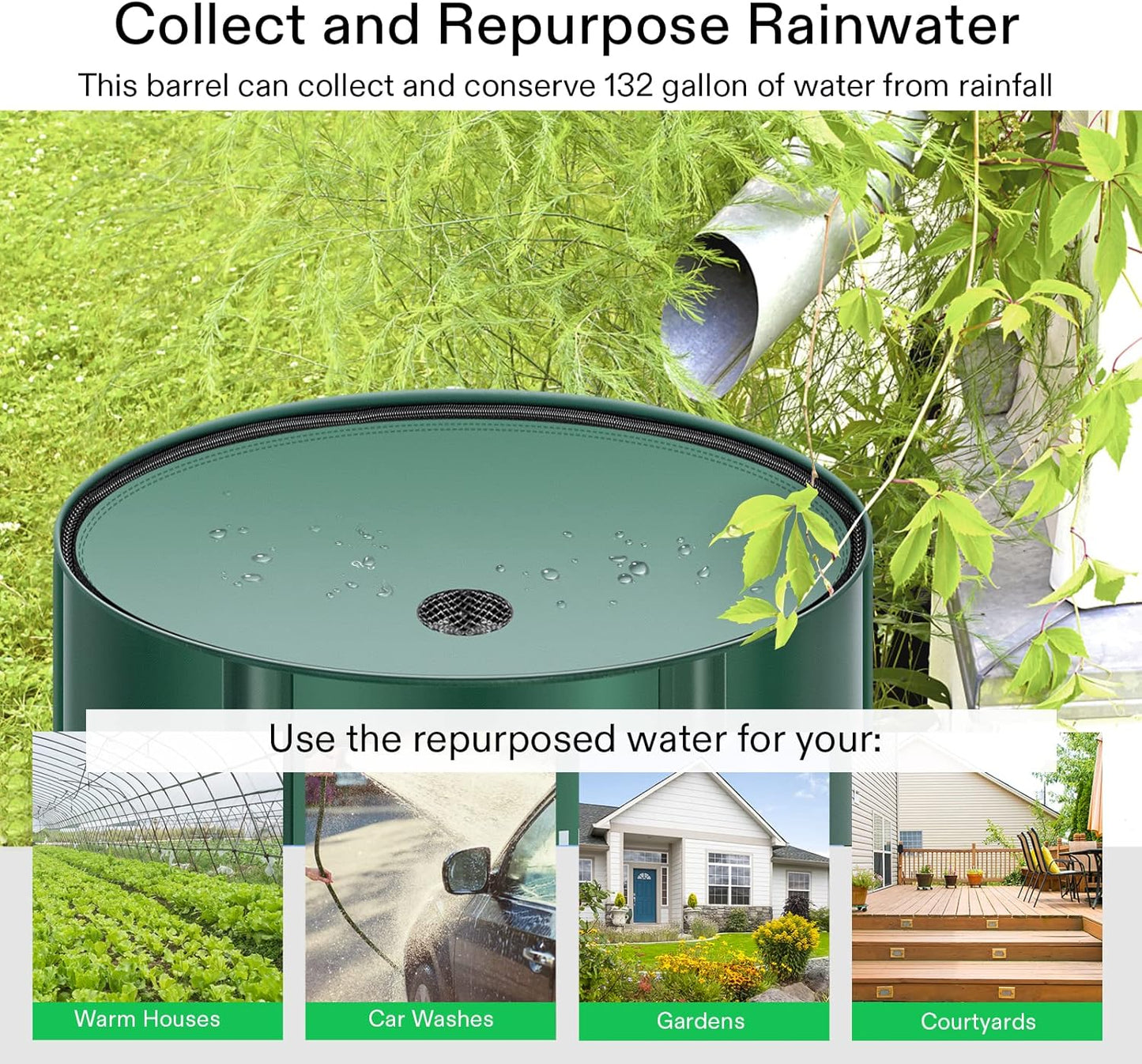 VIVOSUN Collapsible Rain Barrel, 132 Gallon Water Storage Tank with 1000D Oxford Cloth, Portable Rain Collection System Includes Two Spigots and Overflow Kit, Green