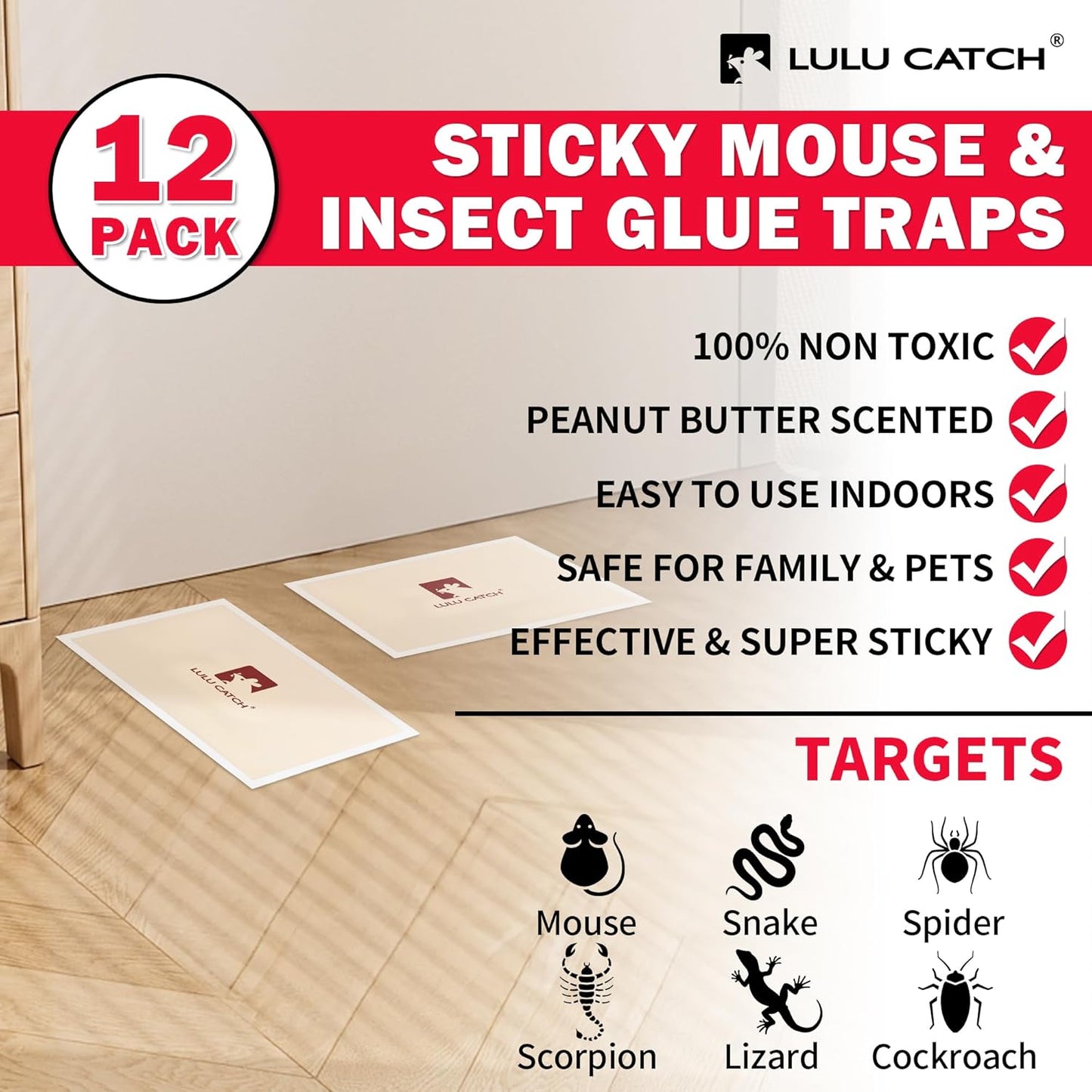 LULUCATCH Mouse Traps Indoor for Home, 12 Pack Pre-Baited Sticky Mouse Traps, Non-Toxic Bulk Sticky Tray, Adhesive Glue Boards for Rats, Bugs, Spiders, Mice, Cockroaches, Pet Safe Pest Control
