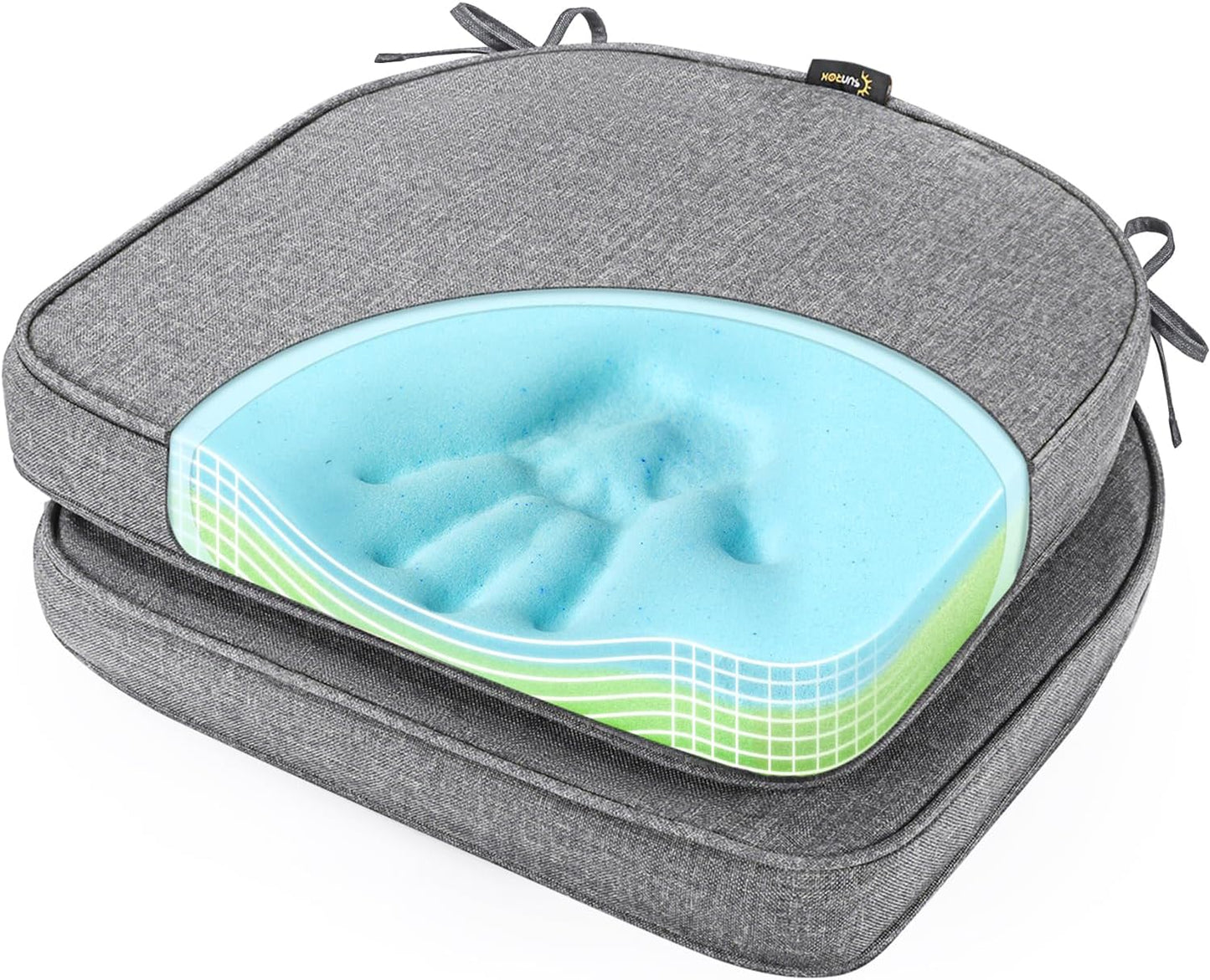 SUNROX Gel Memory Foam Chair Cushions, FadeShield Water-, Stain-Resistant Durable Reversible Seat Cushion Pads with Ties for Indoor/Outdoor Kitchen Dining Office, 19"x19", Set of 2, Heather Charcoal