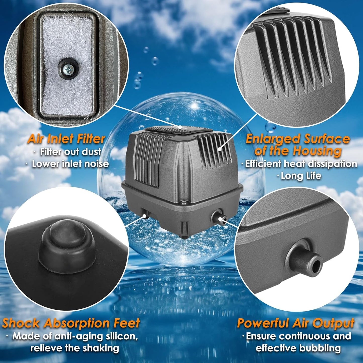 Powerful Linear Air Pump, KP-40 Pond Air Pump Pond Aerator, 635GPH Aeration System for Koi Pond Aeration, Aquarium, Waste Treatment, Fish Farm, Seafood Restaurant